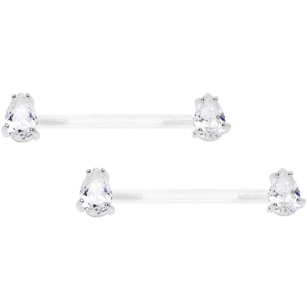 13/16 925 Silver Clear Gem Bioplast Teardrop Nipple Ring Set