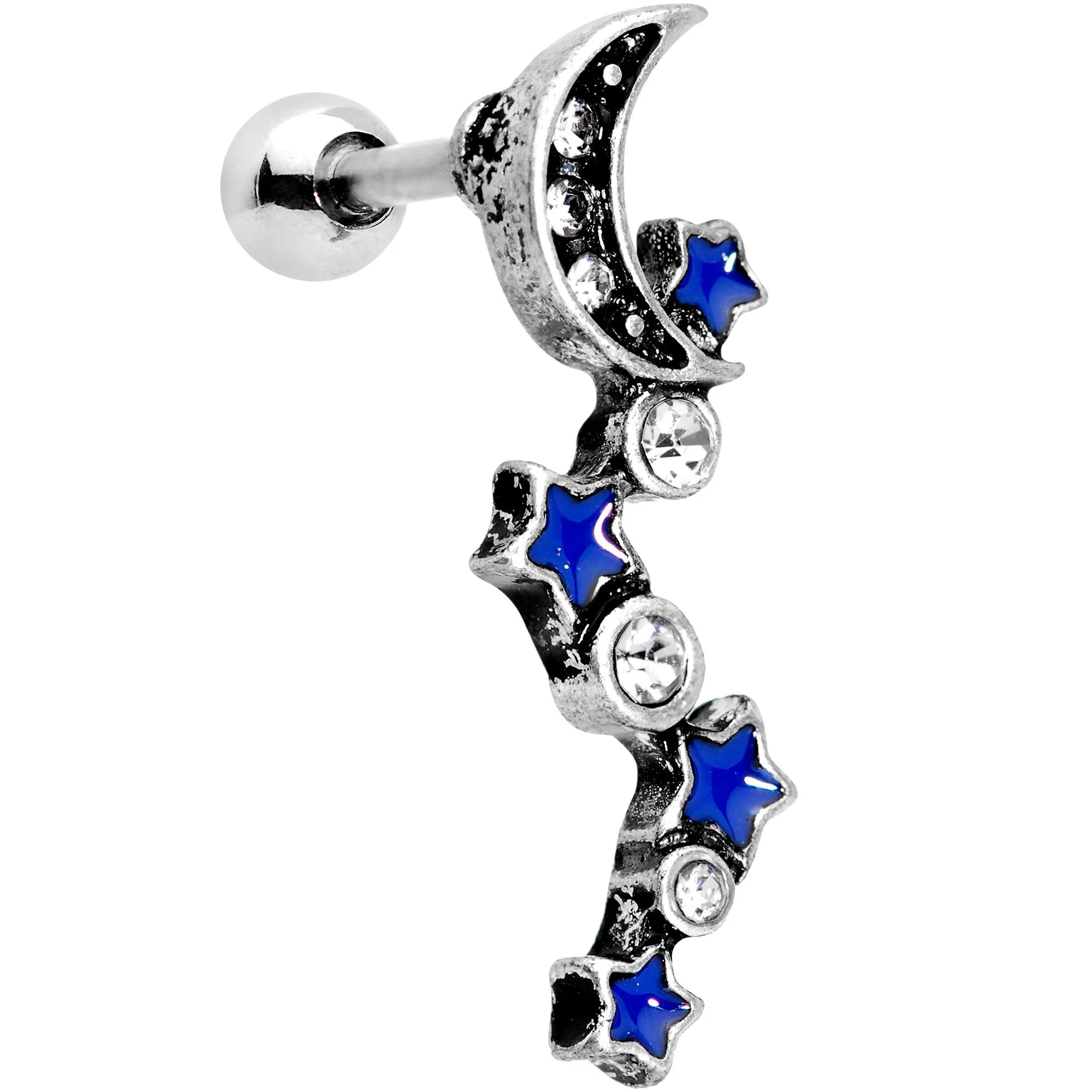 1/4 Clear Blue Clear Gem Moon Cascade Tragus Cartilage Earring