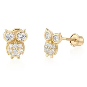 14K Gold CZ Beautiful Owl Lucky Charm Stud Earrings