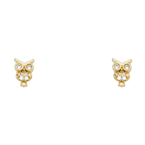 14K Gold CZ Beautiful Owl Lucky Charm Stud Earrings