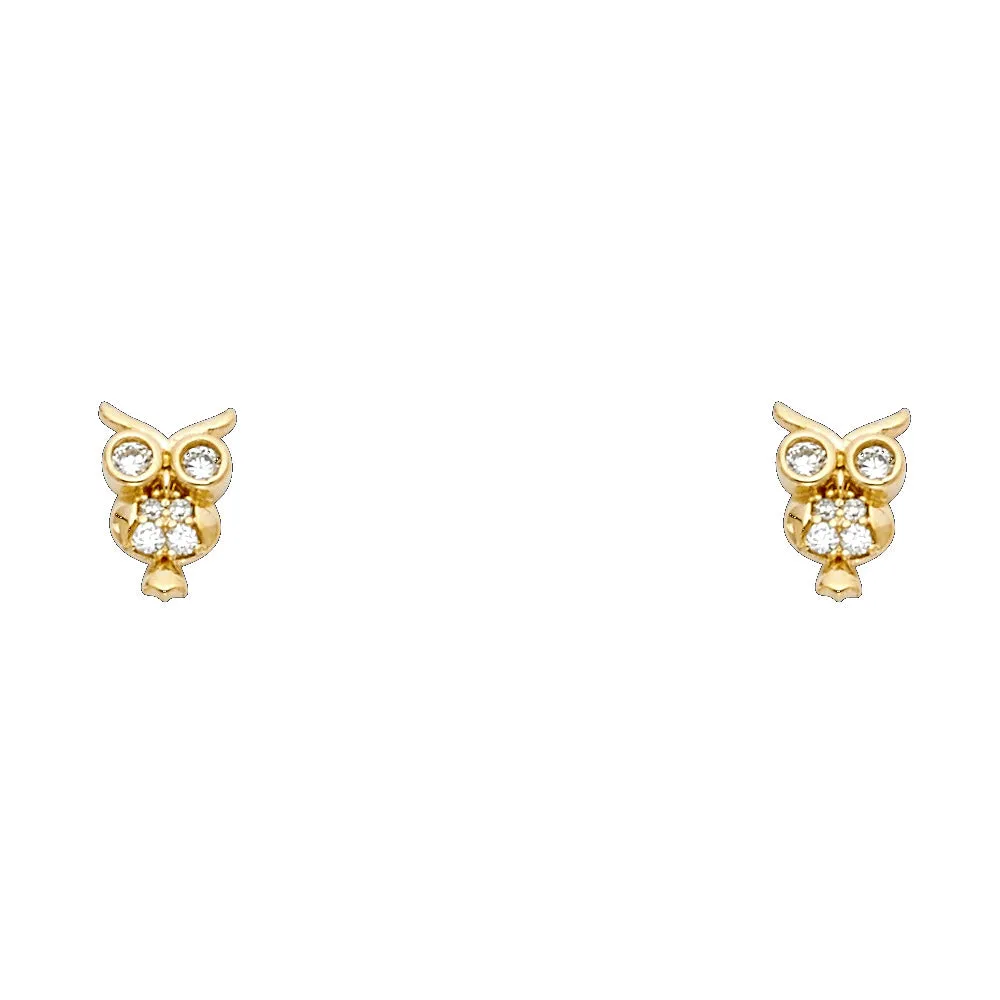 14K Gold CZ Beautiful Owl Lucky Charm Stud Earrings