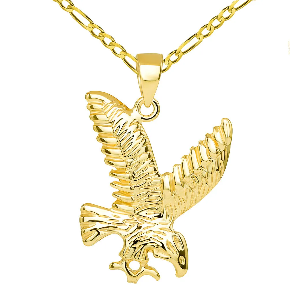 14k Solid Yellow Gold Soaring American Eagle Animal Pendant with Chain Necklace