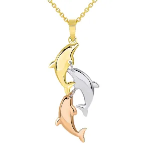 14k Tri Color Gold 3D Three Dangling Dolphins Jumping Vertical Pendant Necklace