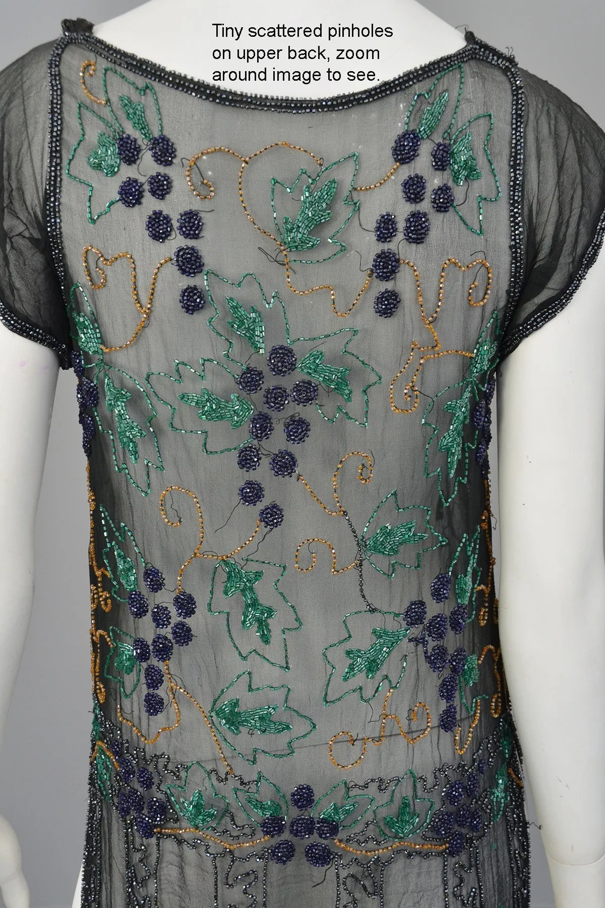 1920s Black Chiffon Purple Gold Green Grapes Beaded Tabard Dress