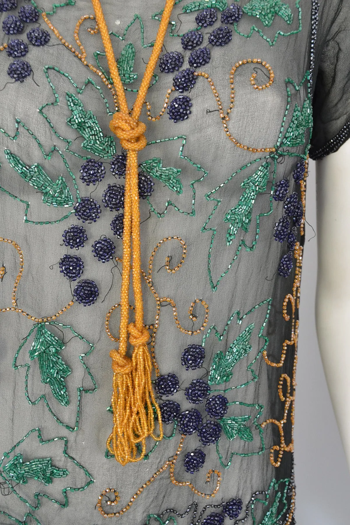 1920s Black Chiffon Purple Gold Green Grapes Beaded Tabard Dress