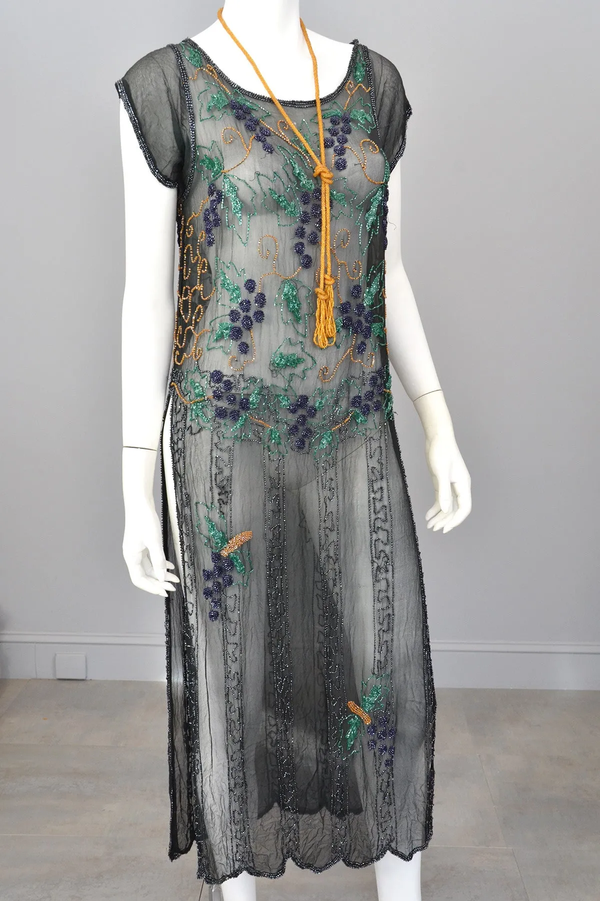 1920s Black Chiffon Purple Gold Green Grapes Beaded Tabard Dress