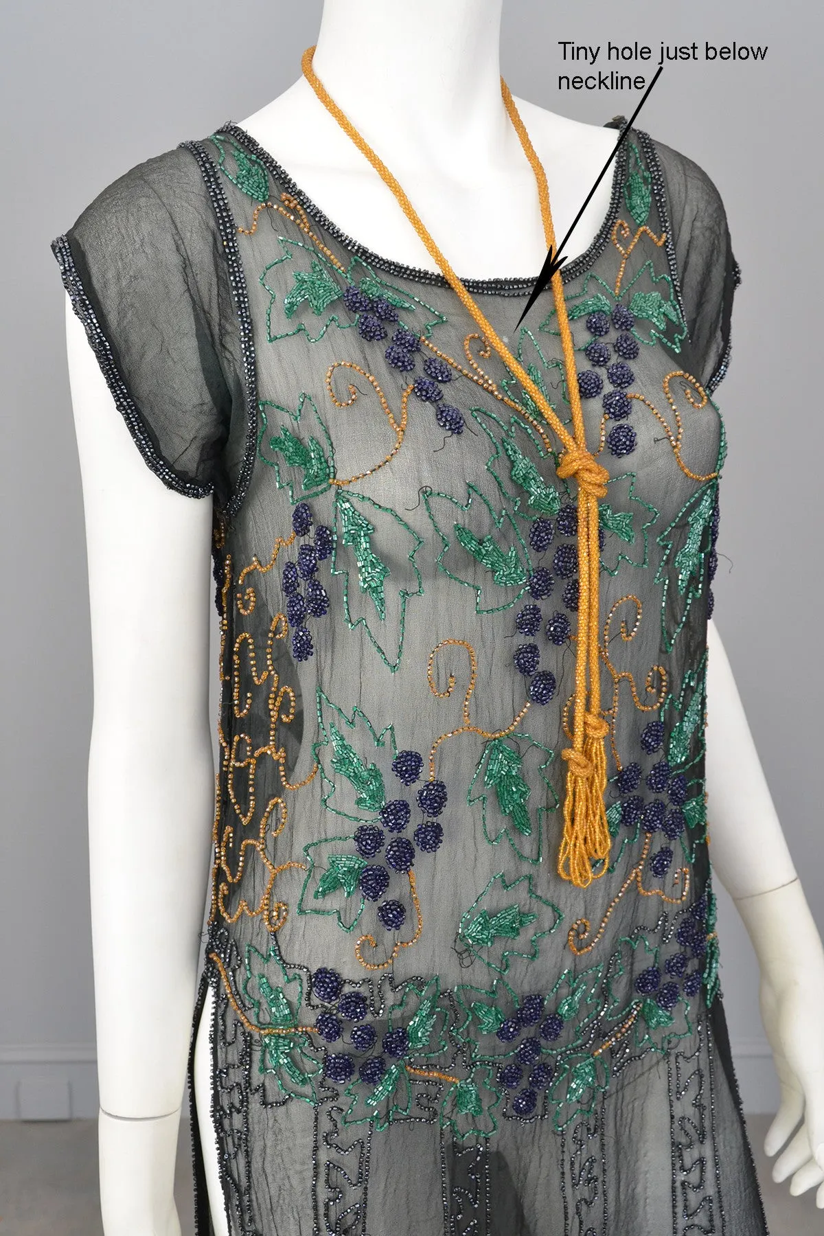 1920s Black Chiffon Purple Gold Green Grapes Beaded Tabard Dress