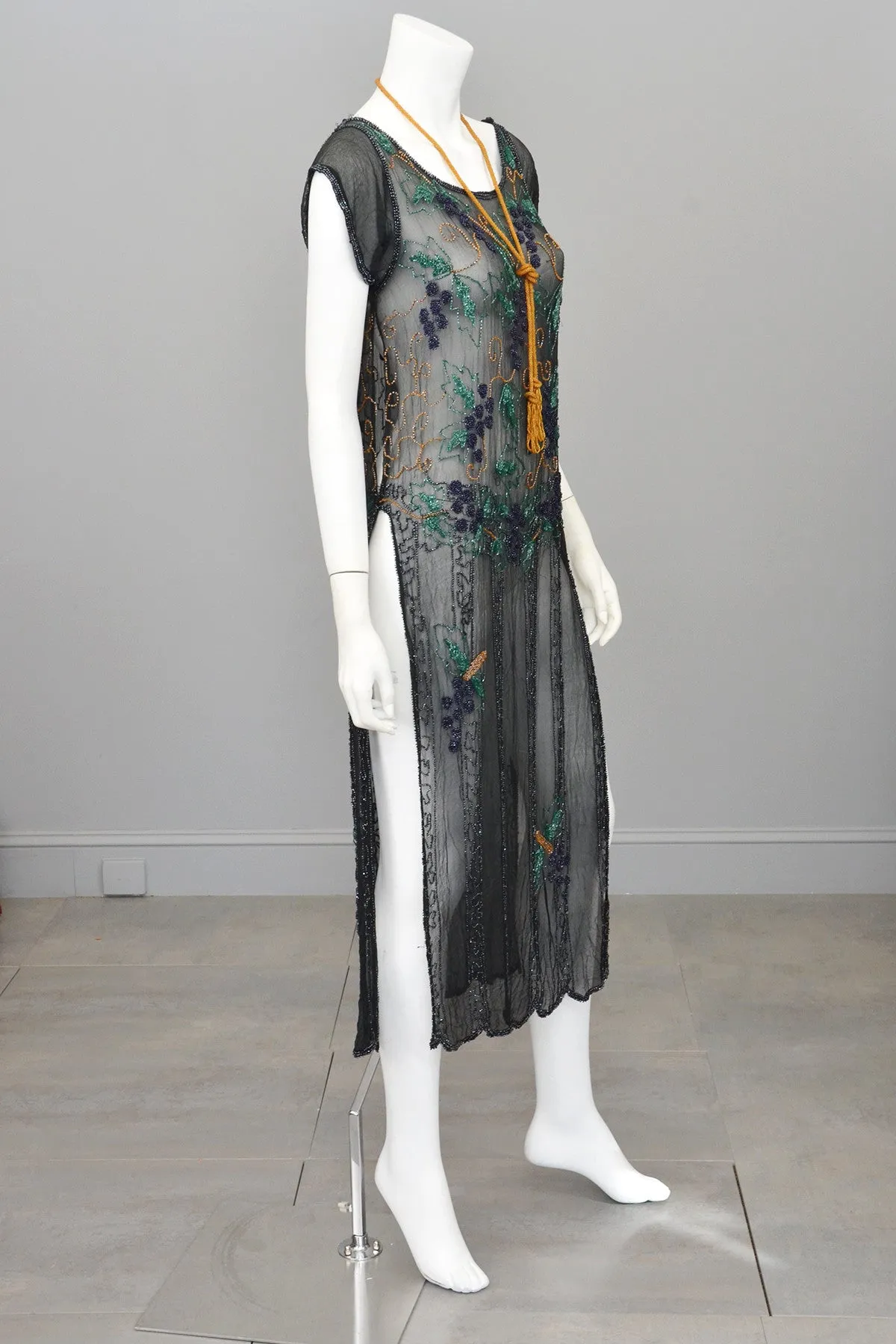 1920s Black Chiffon Purple Gold Green Grapes Beaded Tabard Dress