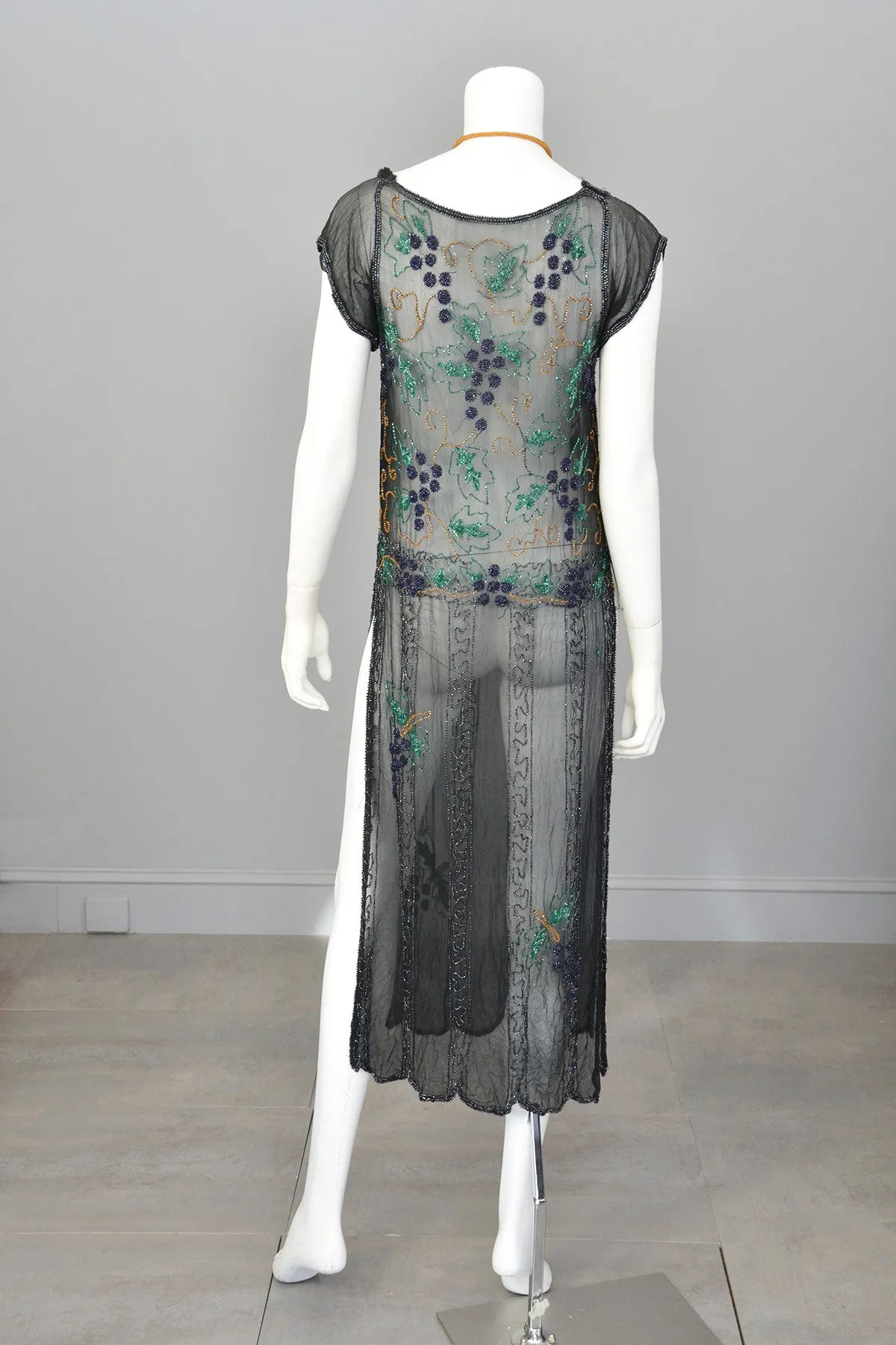 1920s Black Chiffon Purple Gold Green Grapes Beaded Tabard Dress