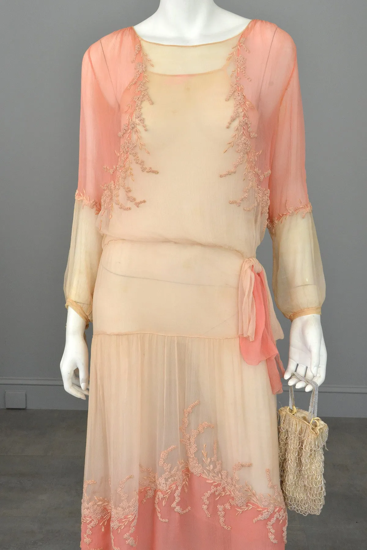 1920s Pink Cream Silk Chiffon French Knots Embroidered Peasant Dress/Restoration piece