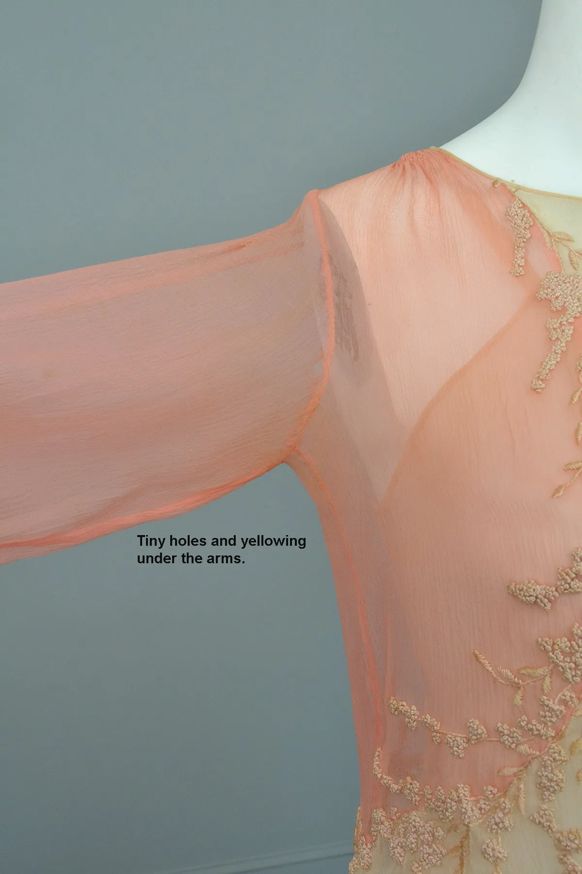 1920s Pink Cream Silk Chiffon French Knots Embroidered Peasant Dress/Restoration piece