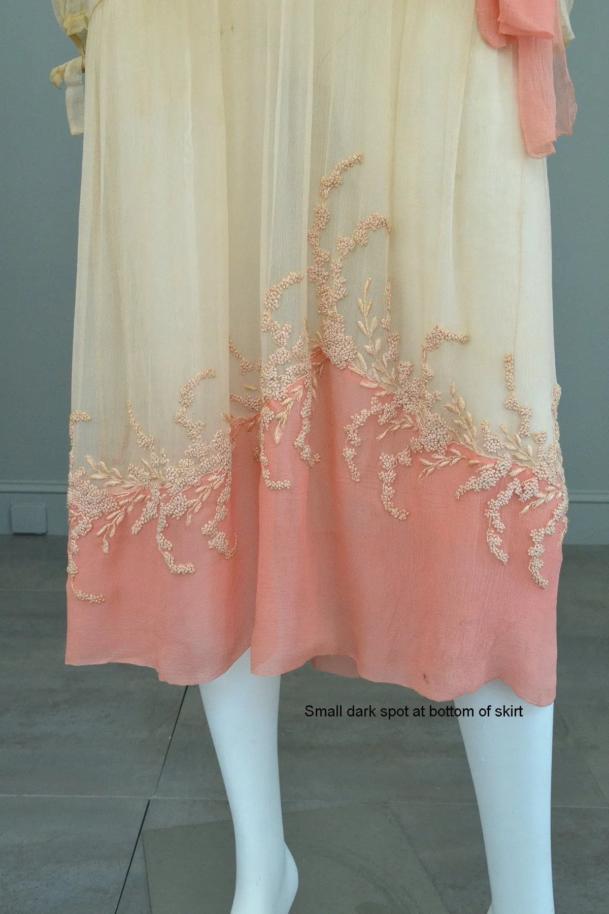 1920s Pink Cream Silk Chiffon French Knots Embroidered Peasant Dress/Restoration piece