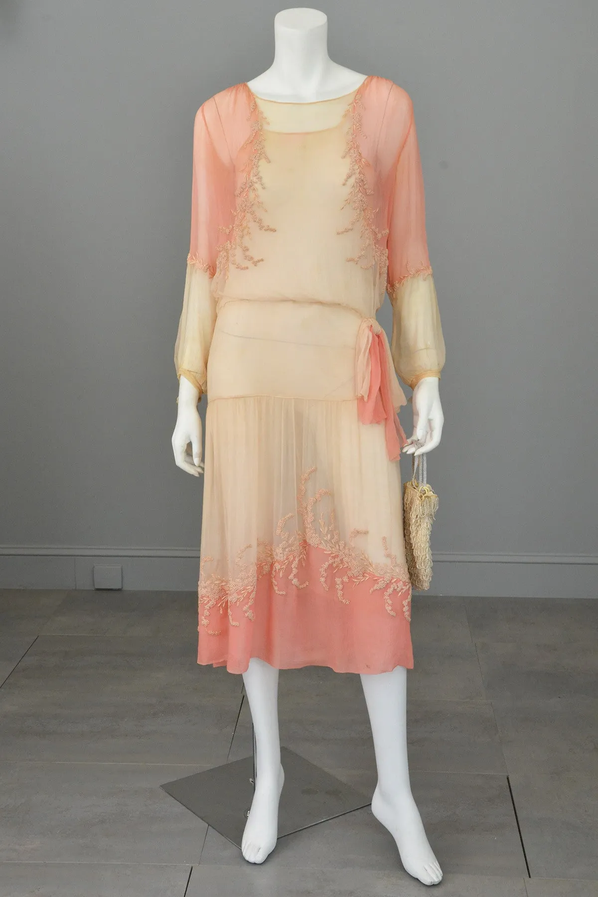 1920s Pink Cream Silk Chiffon French Knots Embroidered Peasant Dress/Restoration piece