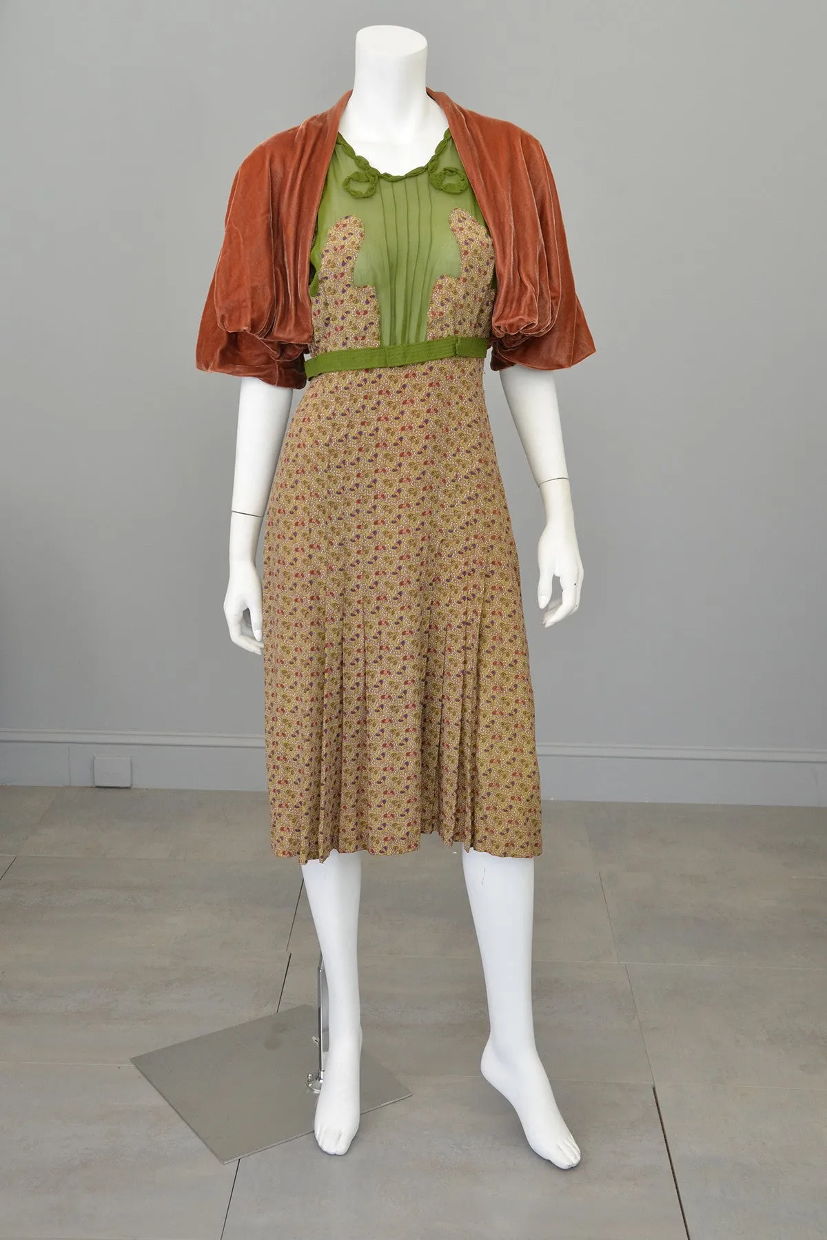 1930s Novelty Print Olive Green Chiffon Appliqué Dress