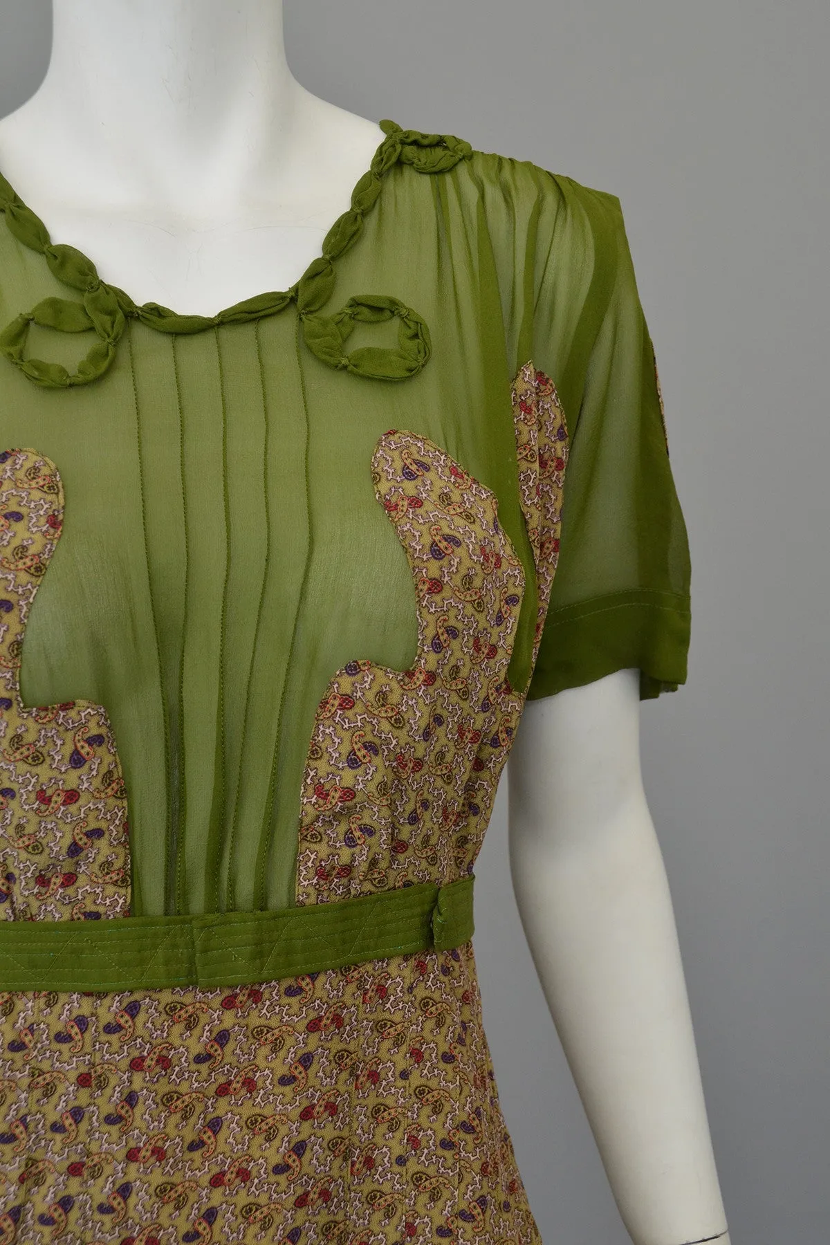 1930s Novelty Print Olive Green Chiffon Appliqué Dress