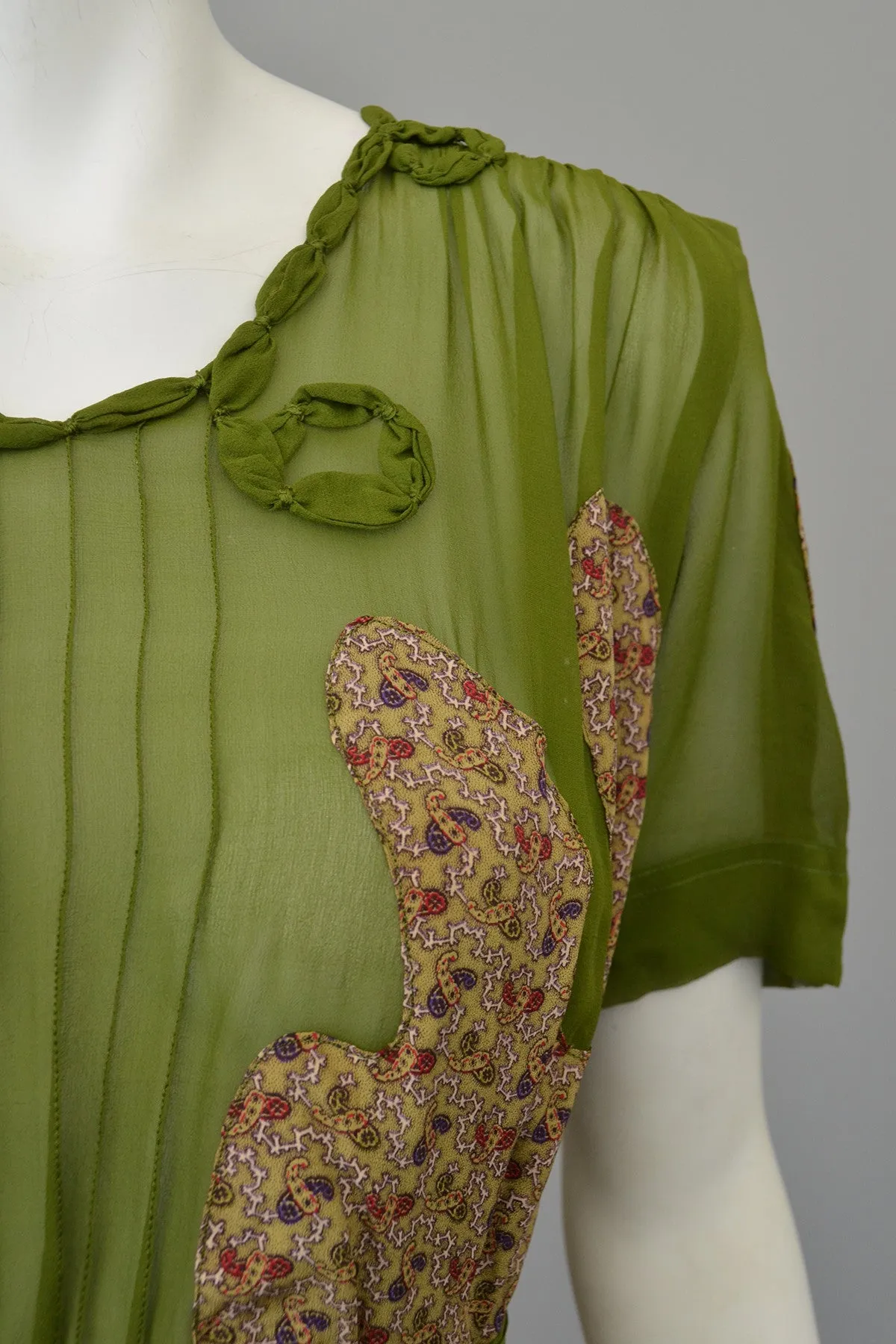 1930s Novelty Print Olive Green Chiffon Appliqué Dress