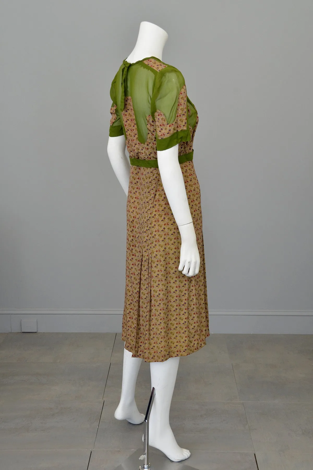 1930s Novelty Print Olive Green Chiffon Appliqué Dress