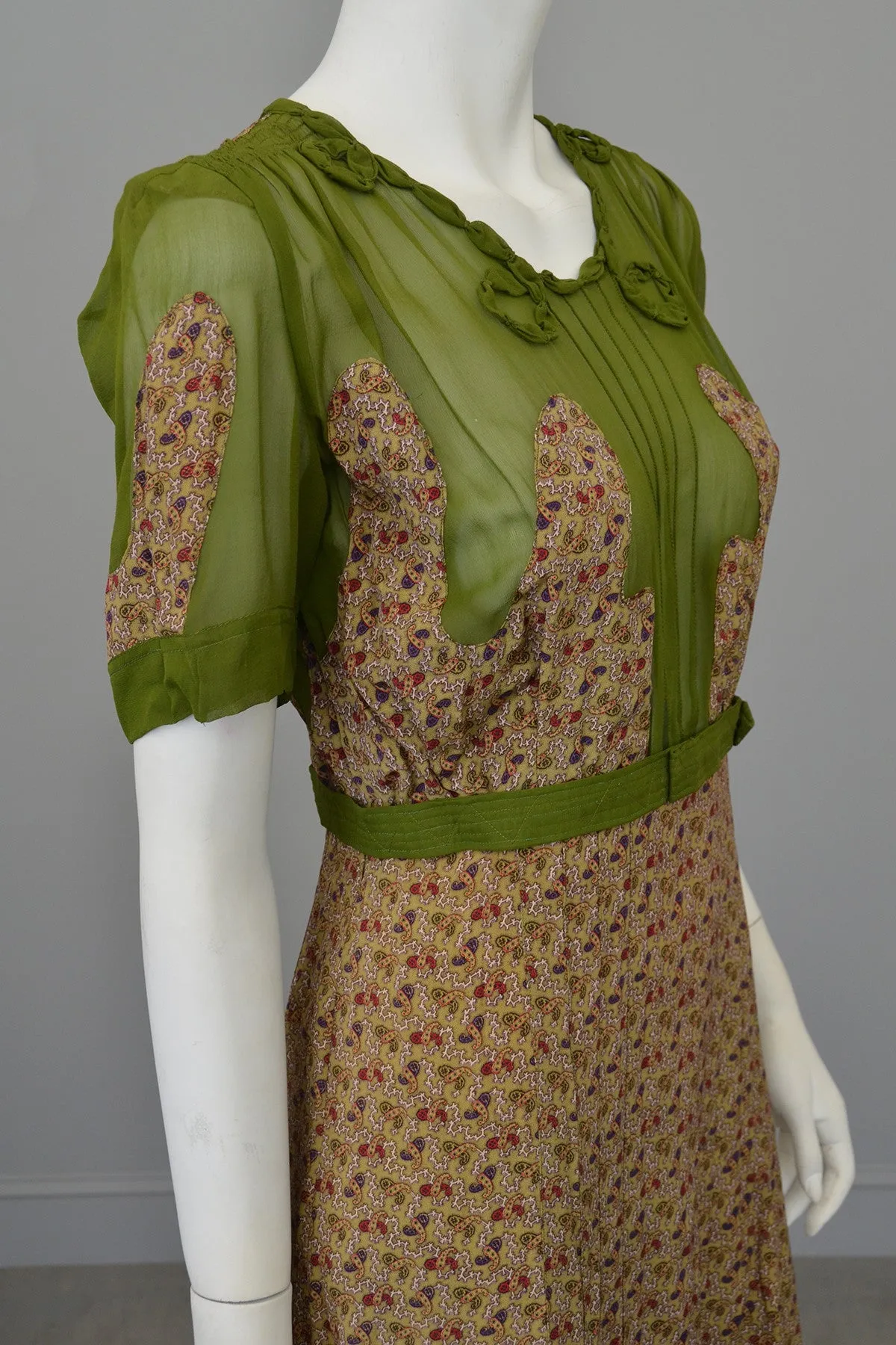 1930s Novelty Print Olive Green Chiffon Appliqué Dress