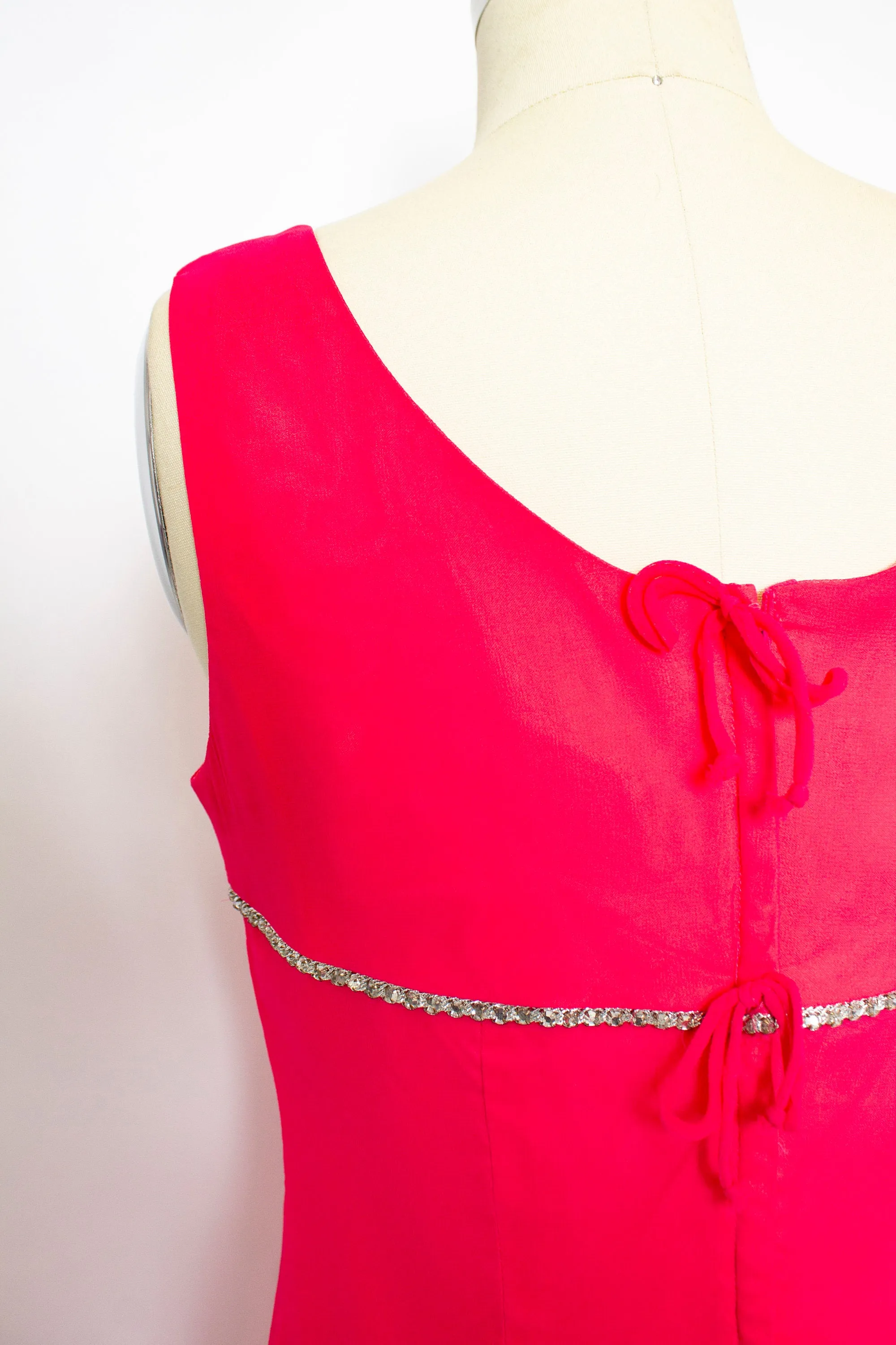 1960s Dress Fuchsia Pink Chiffon Rhinestone Gown Medium