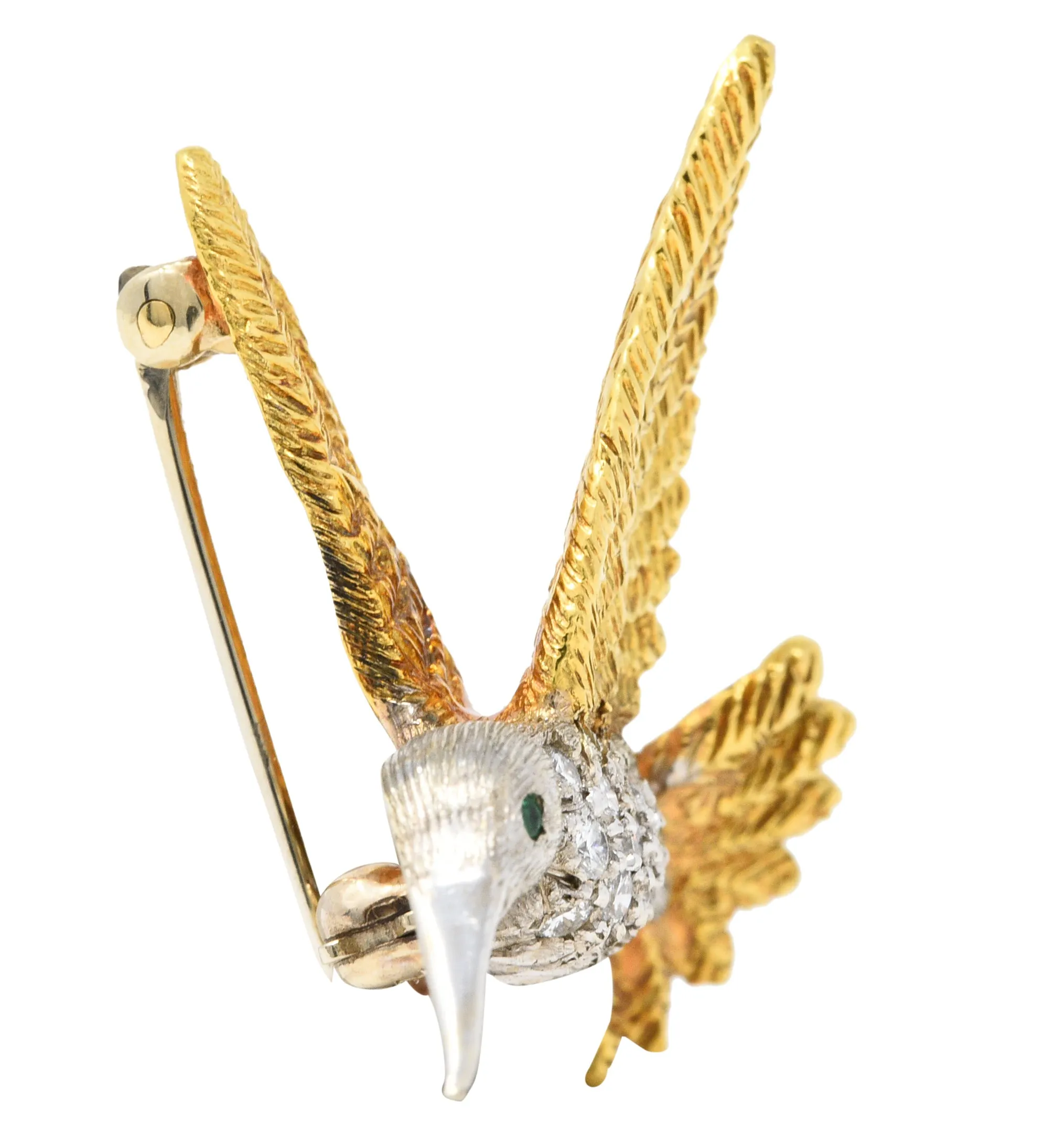 1970's Vintage Emerald Diamond 18 Karat Two-Tone Gold Hummingbird Brooch