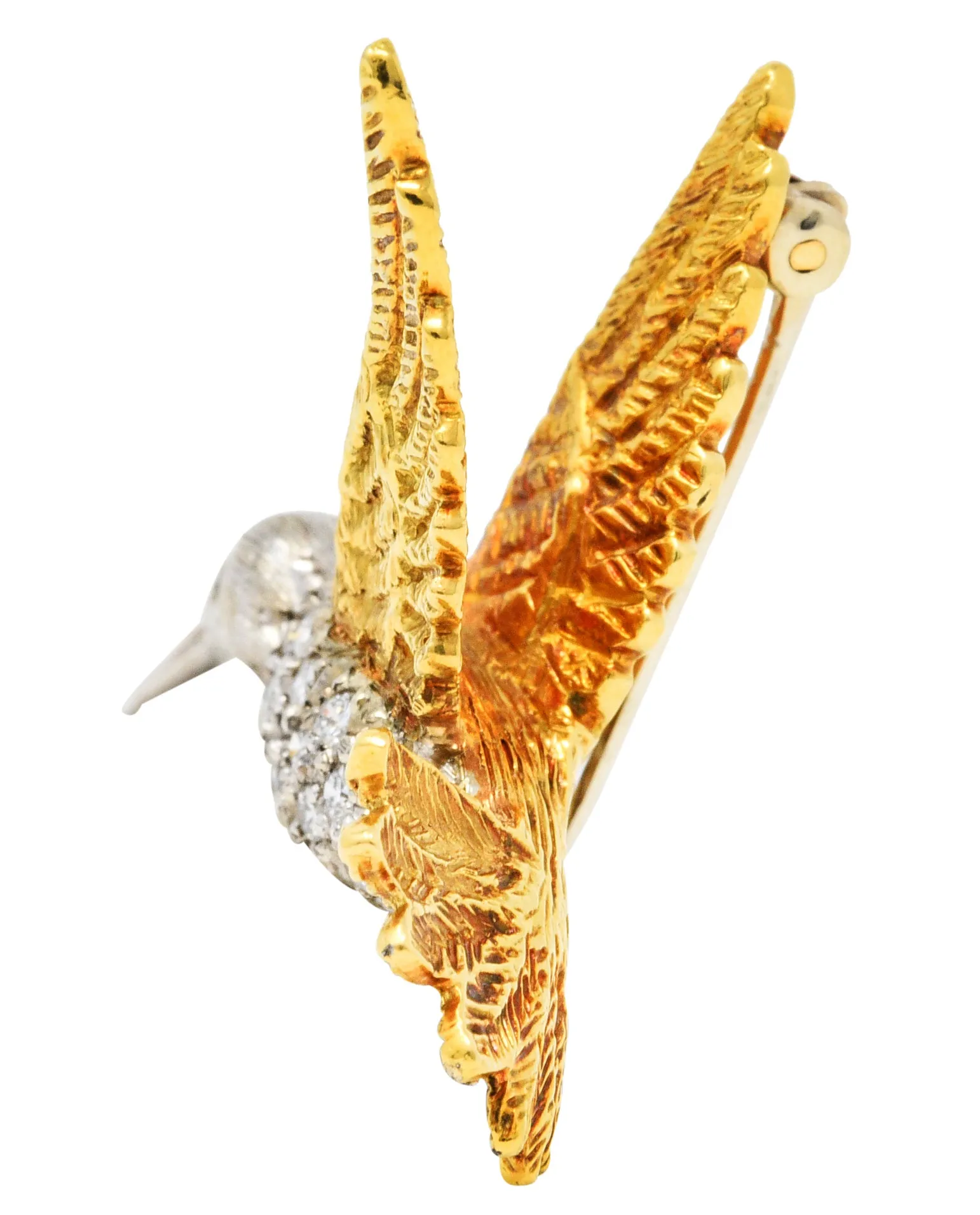 1970's Vintage Emerald Diamond 18 Karat Two-Tone Gold Hummingbird Brooch