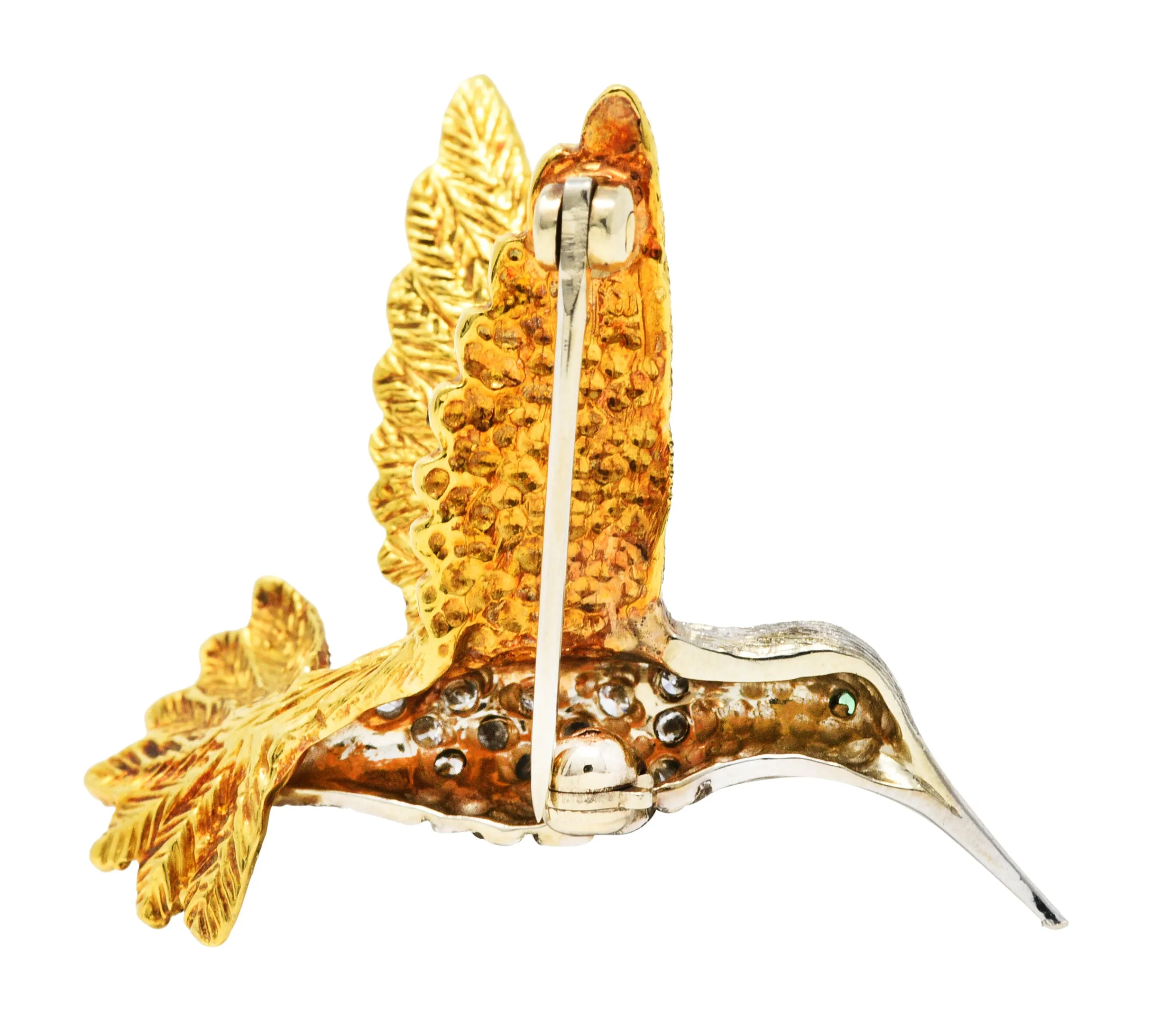 1970's Vintage Emerald Diamond 18 Karat Two-Tone Gold Hummingbird Brooch