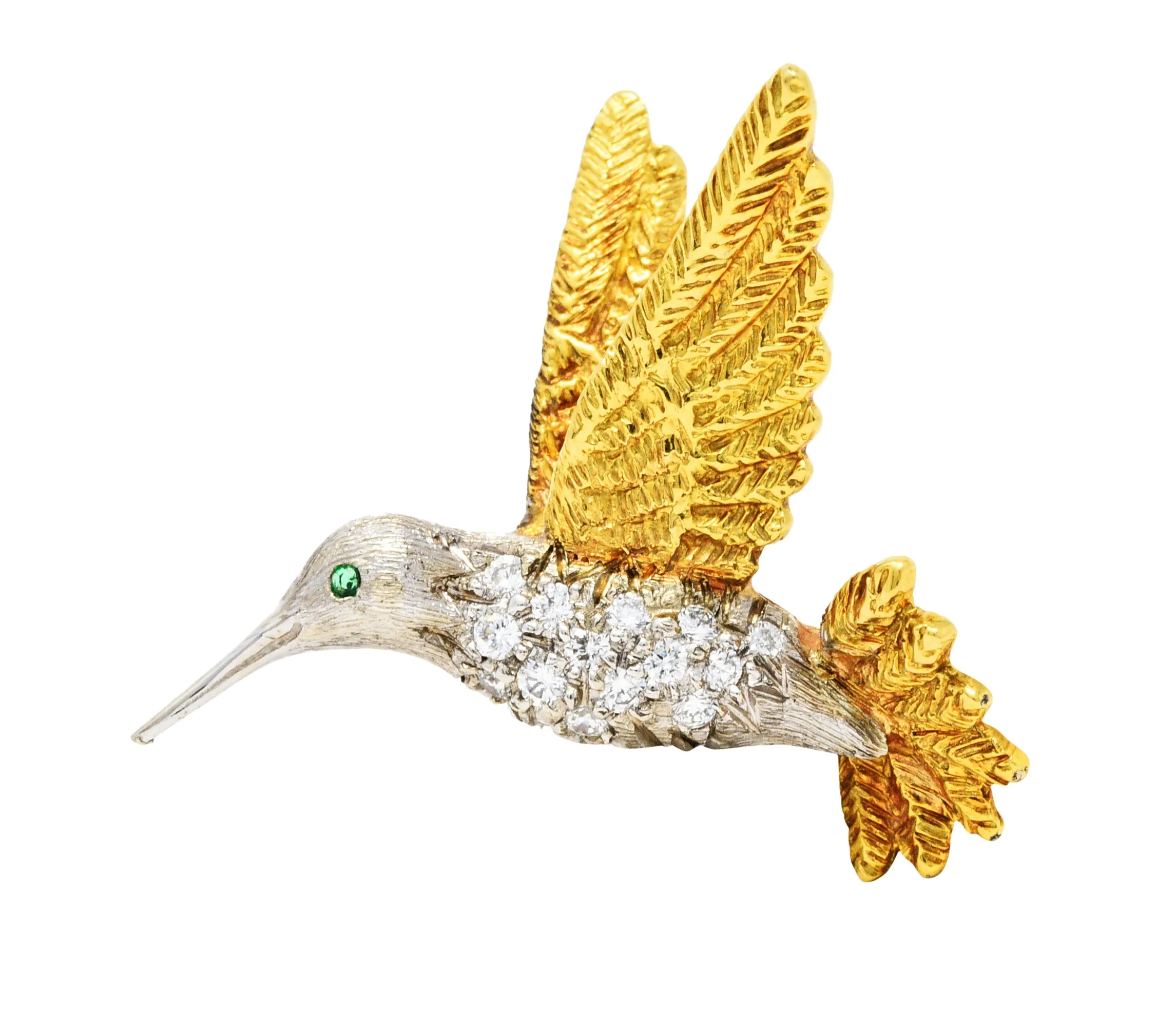 1970's Vintage Emerald Diamond 18 Karat Two-Tone Gold Hummingbird Brooch