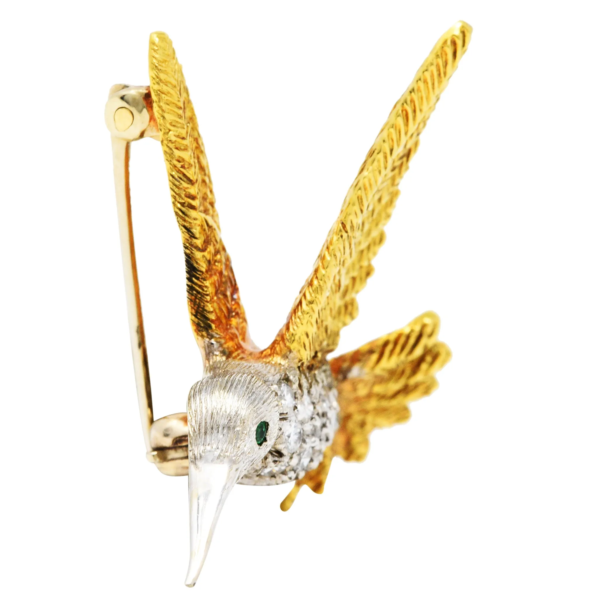 1970's Vintage Emerald Diamond 18 Karat Two-Tone Gold Hummingbird Brooch