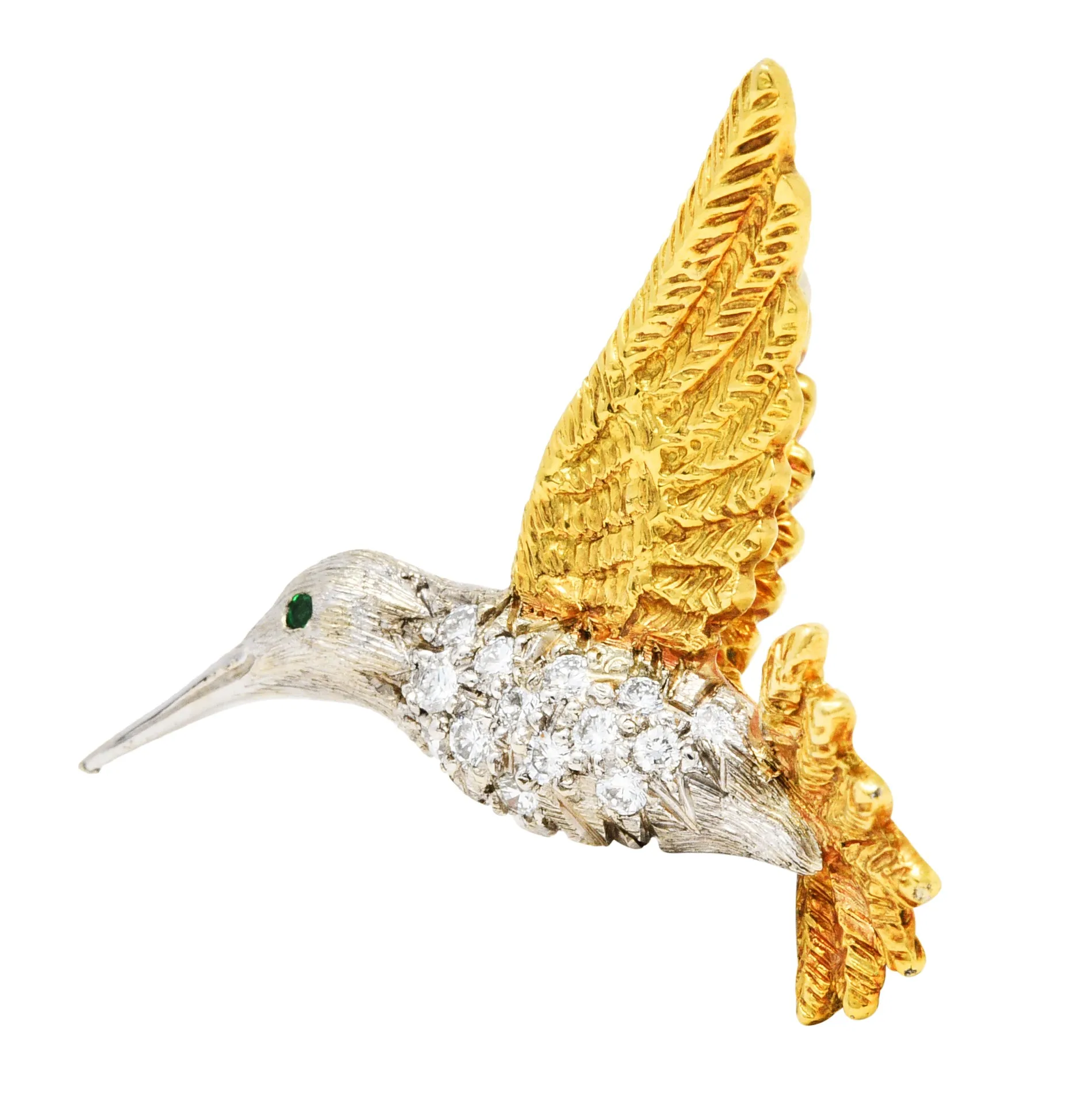 1970's Vintage Emerald Diamond 18 Karat Two-Tone Gold Hummingbird Brooch