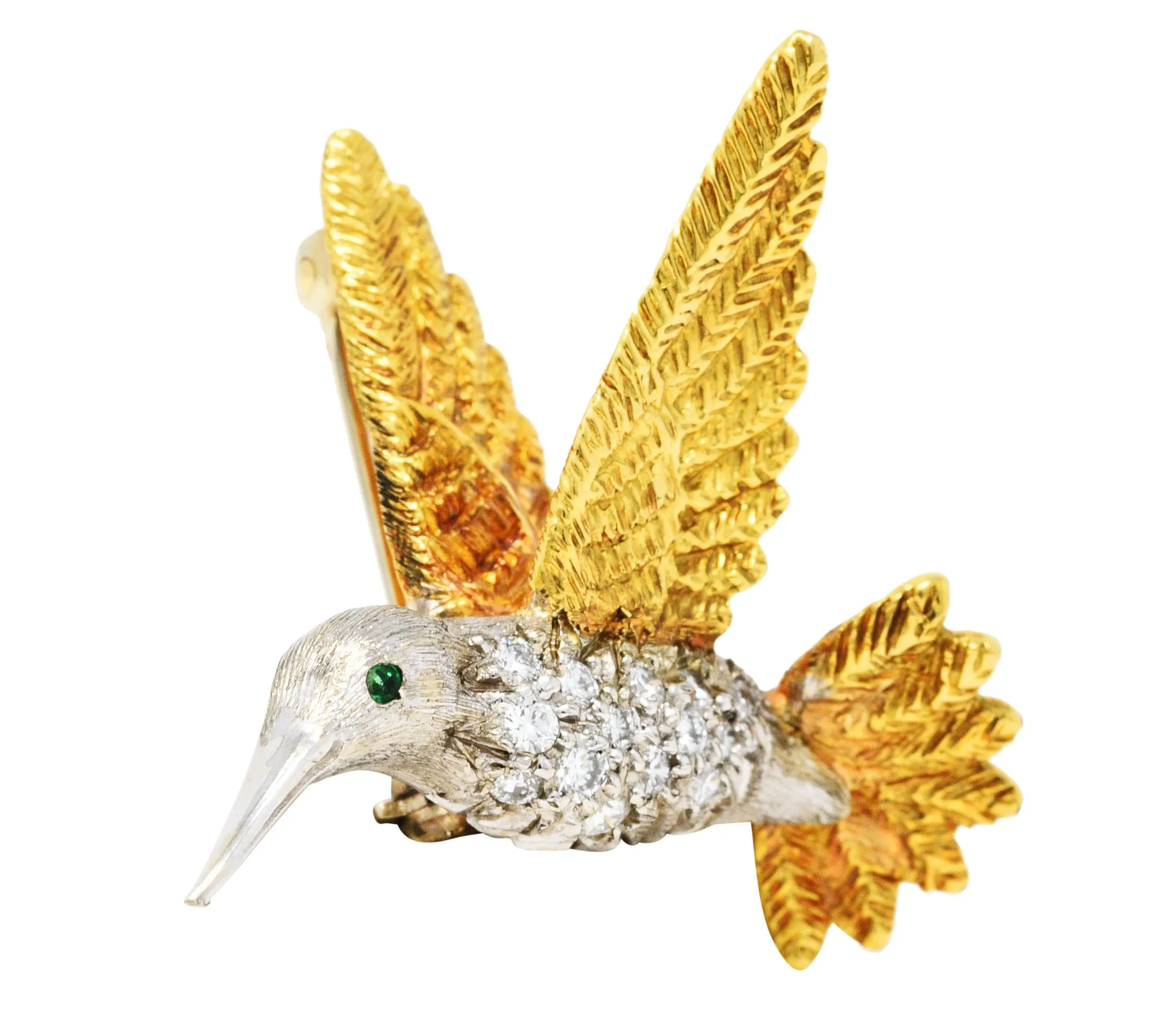 1970's Vintage Emerald Diamond 18 Karat Two-Tone Gold Hummingbird Brooch