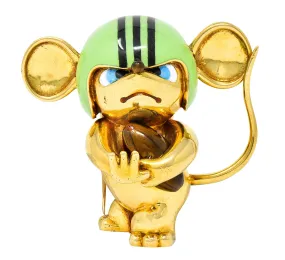 1972 Vintage Enamel 18 Karat Yellow Gold Rugby Mouse Football Brooch