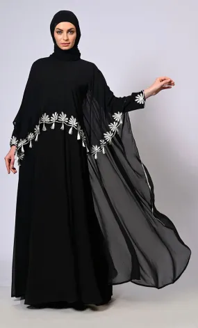 2 Pc Cape style Embroidered Black Abaya with Scalloped Edges and Tassels Detailing