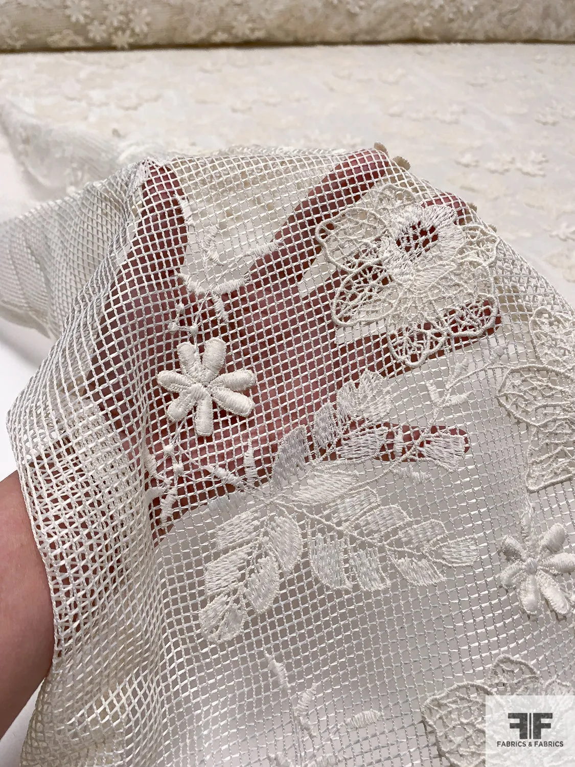 3D Floral Embroidered Mesh - Cream