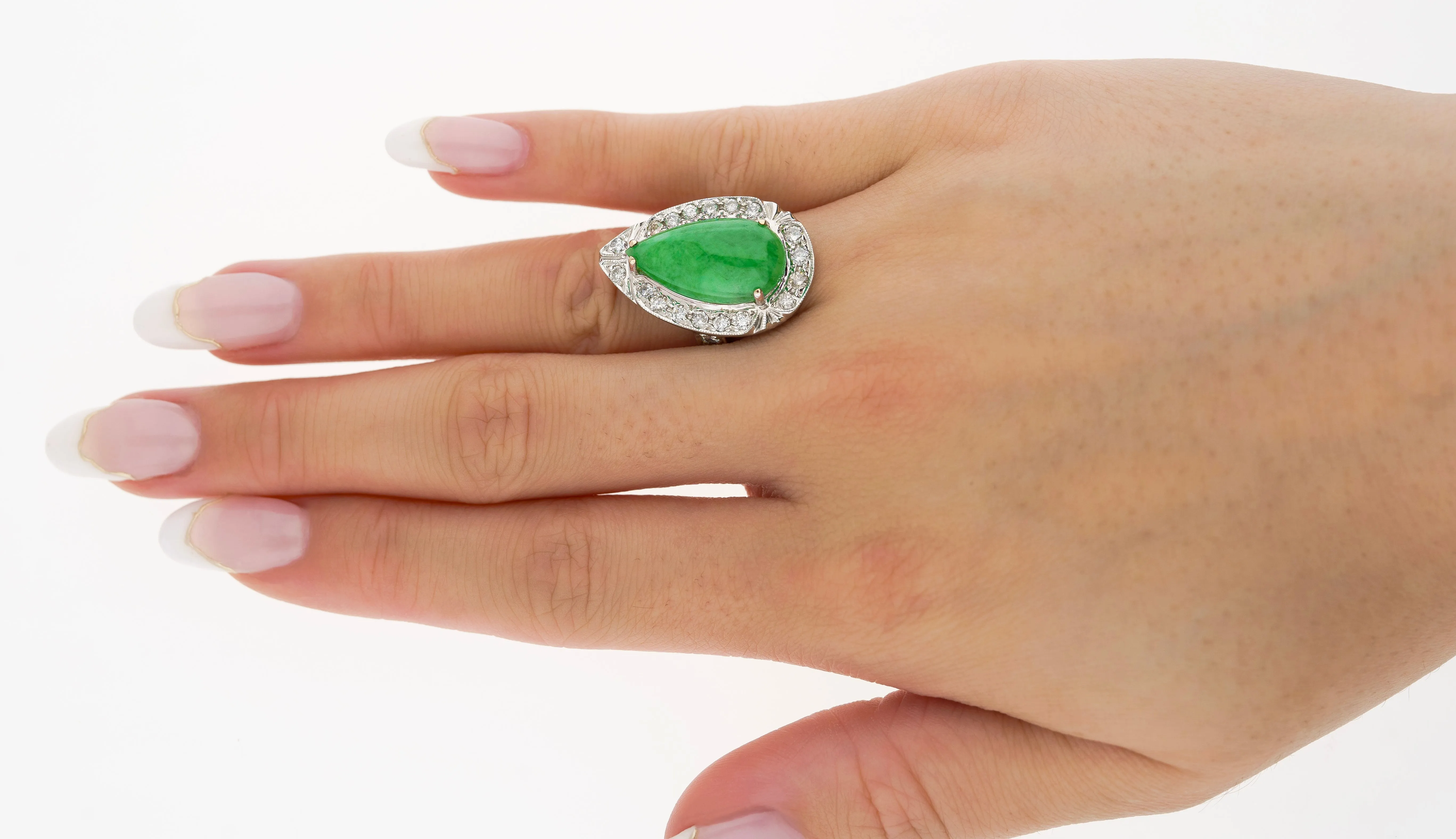 7.88 Carat Jade and Diamond Halo Ring in 18k White Gold