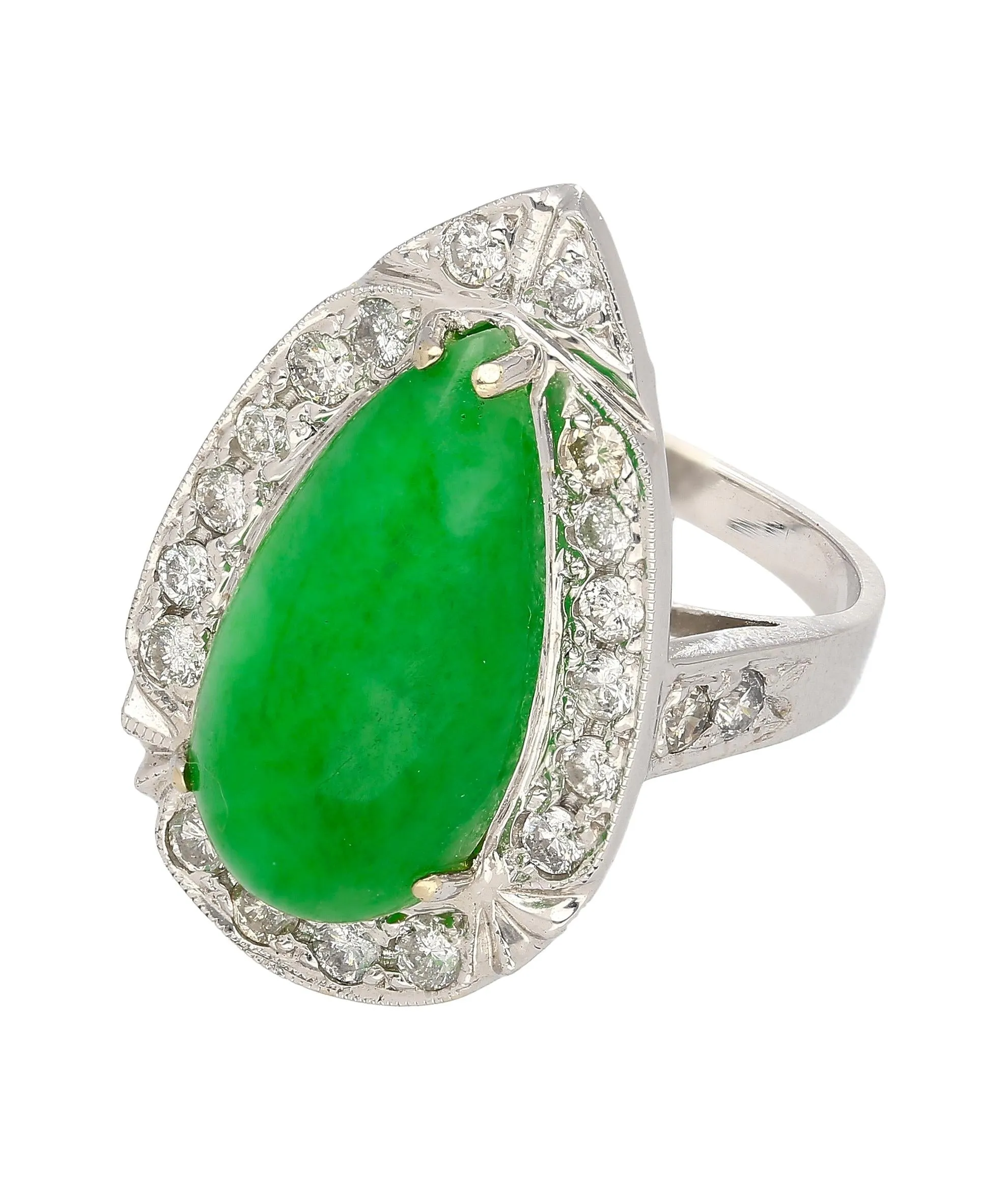 7.88 Carat Jade and Diamond Halo Ring in 18k White Gold