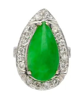 7.88 Carat Jade and Diamond Halo Ring in 18k White Gold