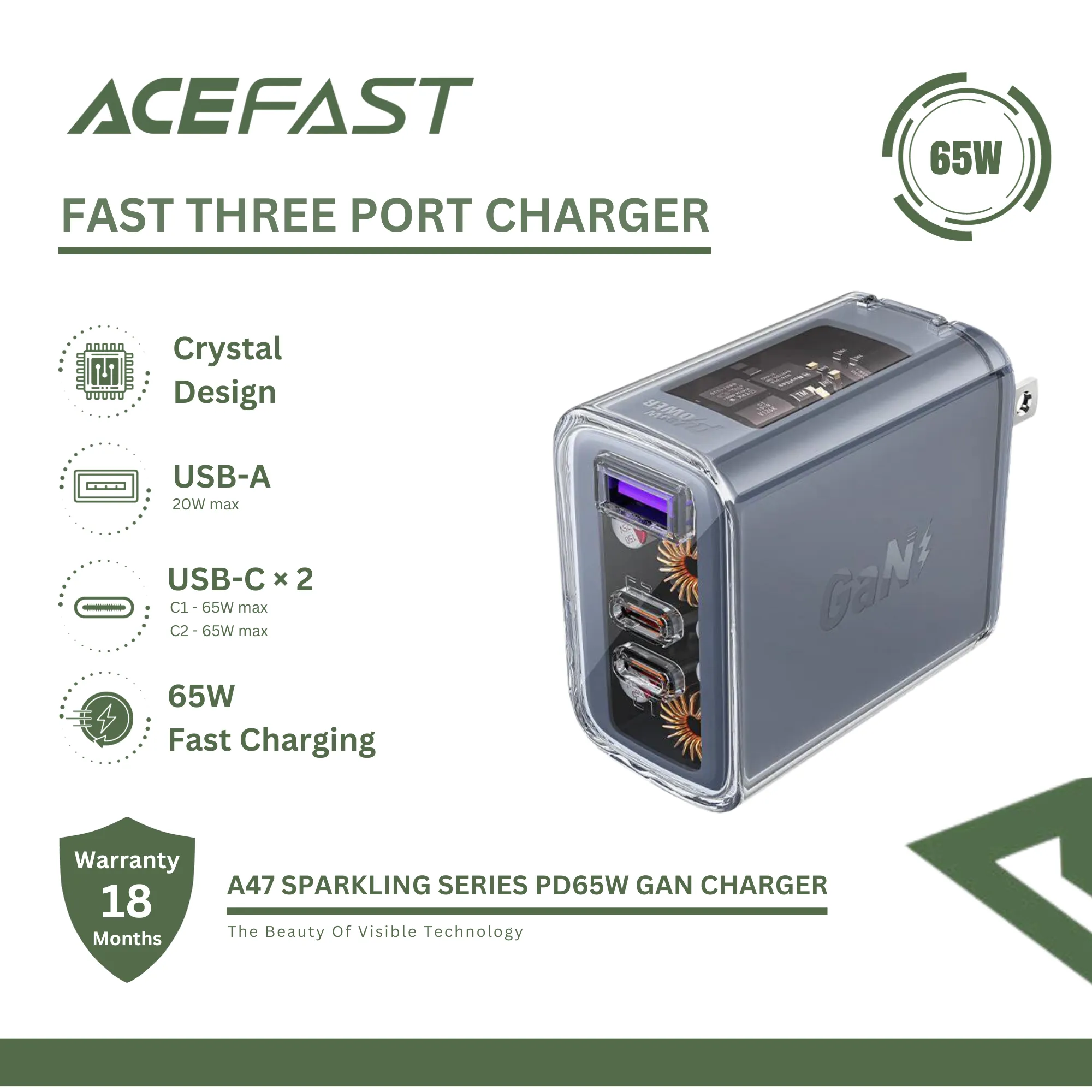 ACEFAST A47 SPARKLING SERIES PD65W GAN (2*USB-C USB-A) CHARGER - MICA GREY