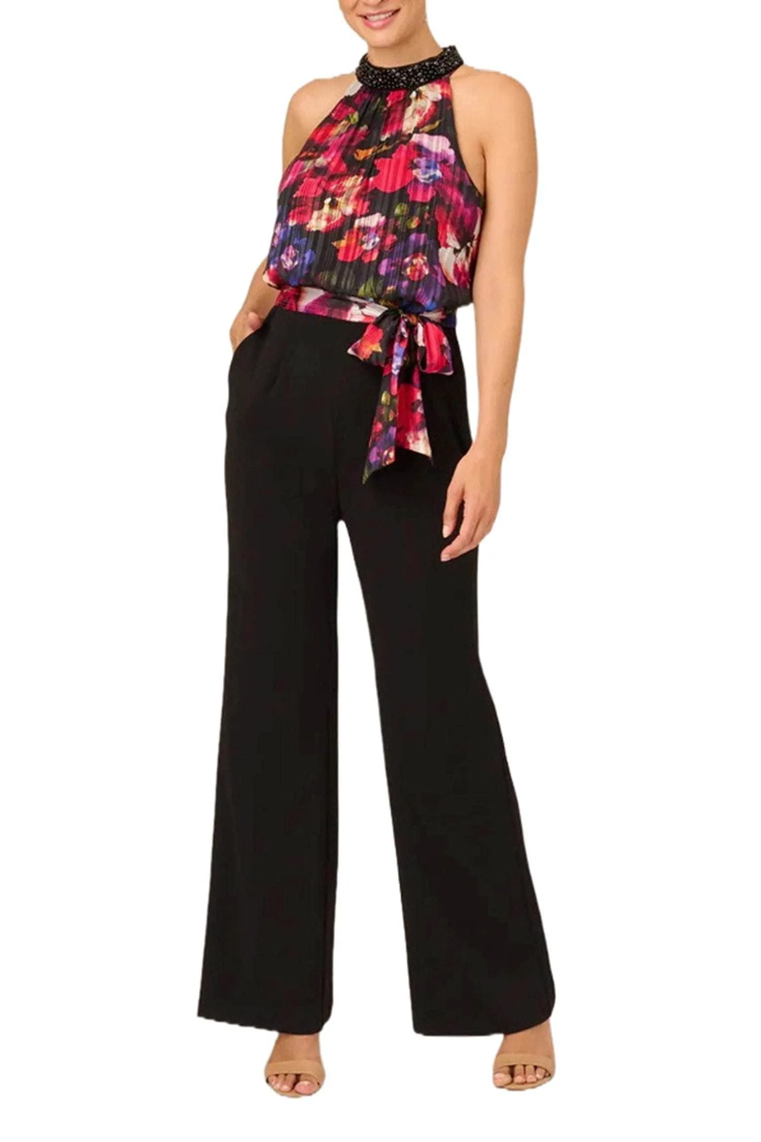 Adrianna Papell AP1E210757 - Pleated Floral Print Halter Pantsuit