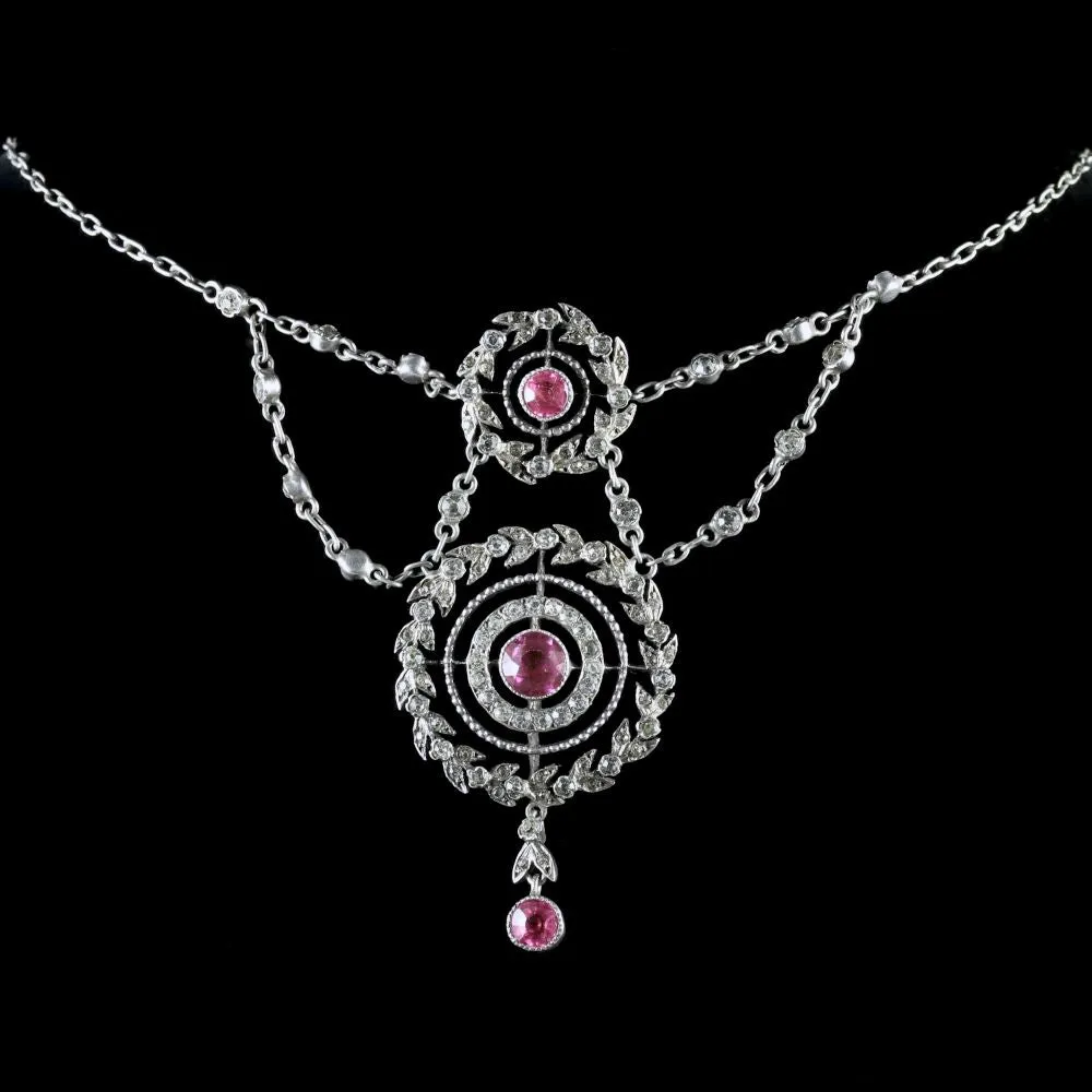 Antique Edwardian Pink Topaz Silver Necklace Circa 1910