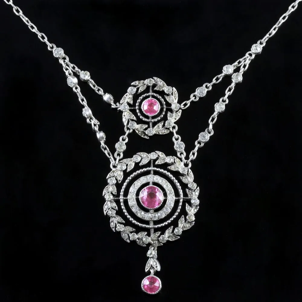 Antique Edwardian Pink Topaz Silver Necklace Circa 1910