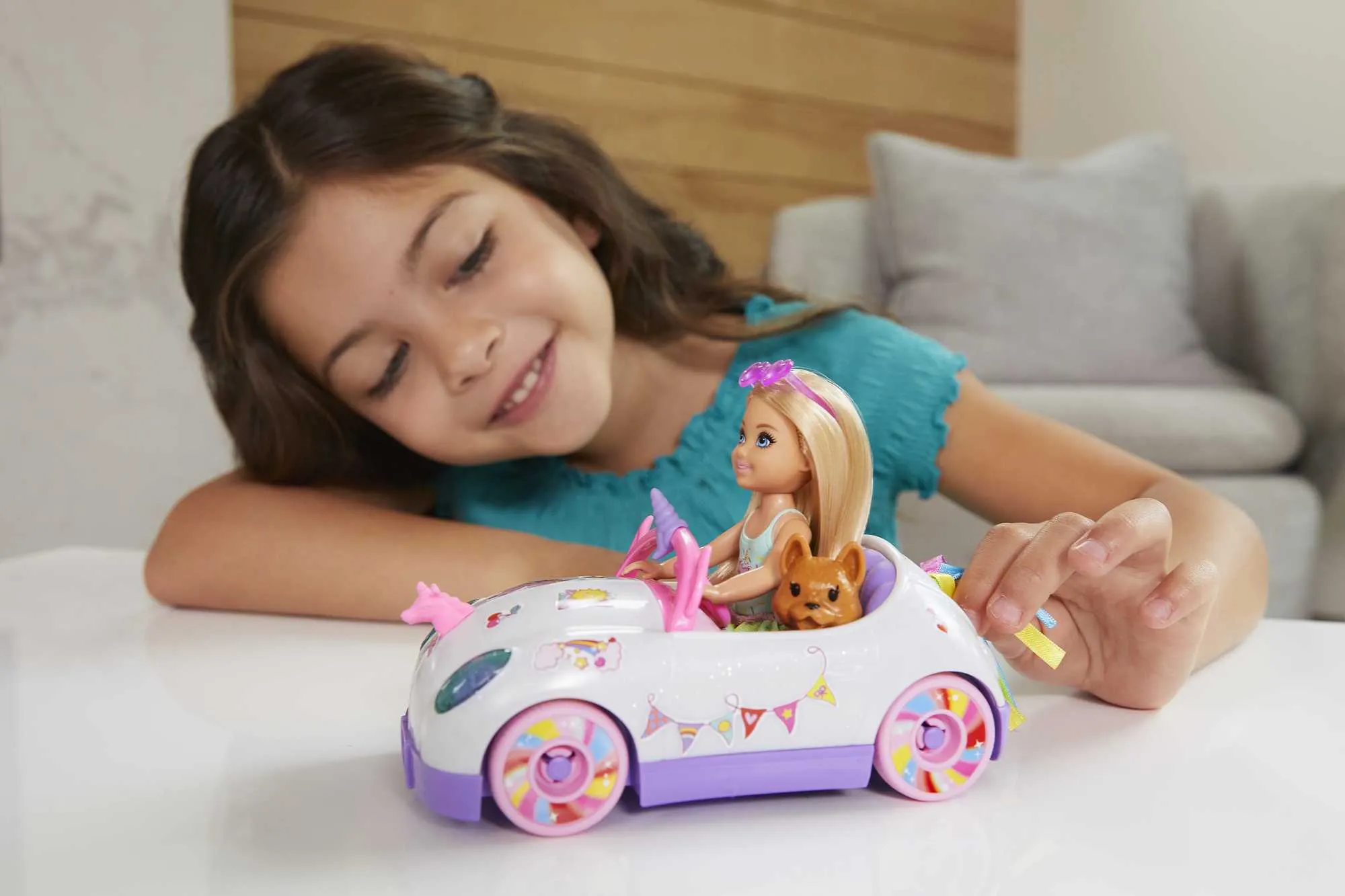 Barbie Club Chelsea Doll (6-Inch Blonde) With Open-Top Unicorn Car & Sticker Sheet