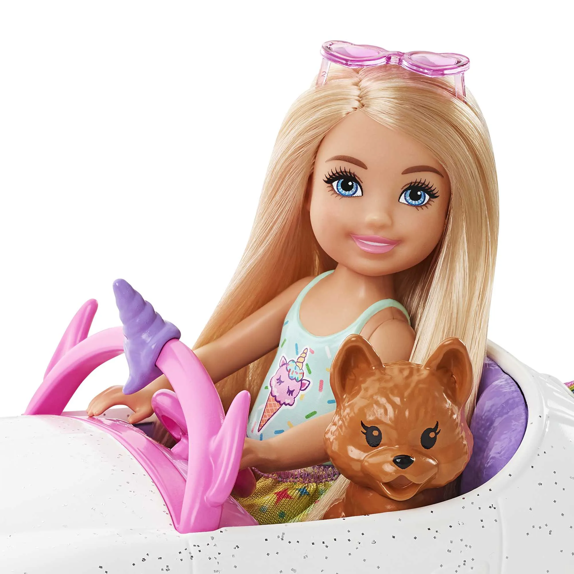 Barbie Club Chelsea Doll (6-Inch Blonde) With Open-Top Unicorn Car & Sticker Sheet