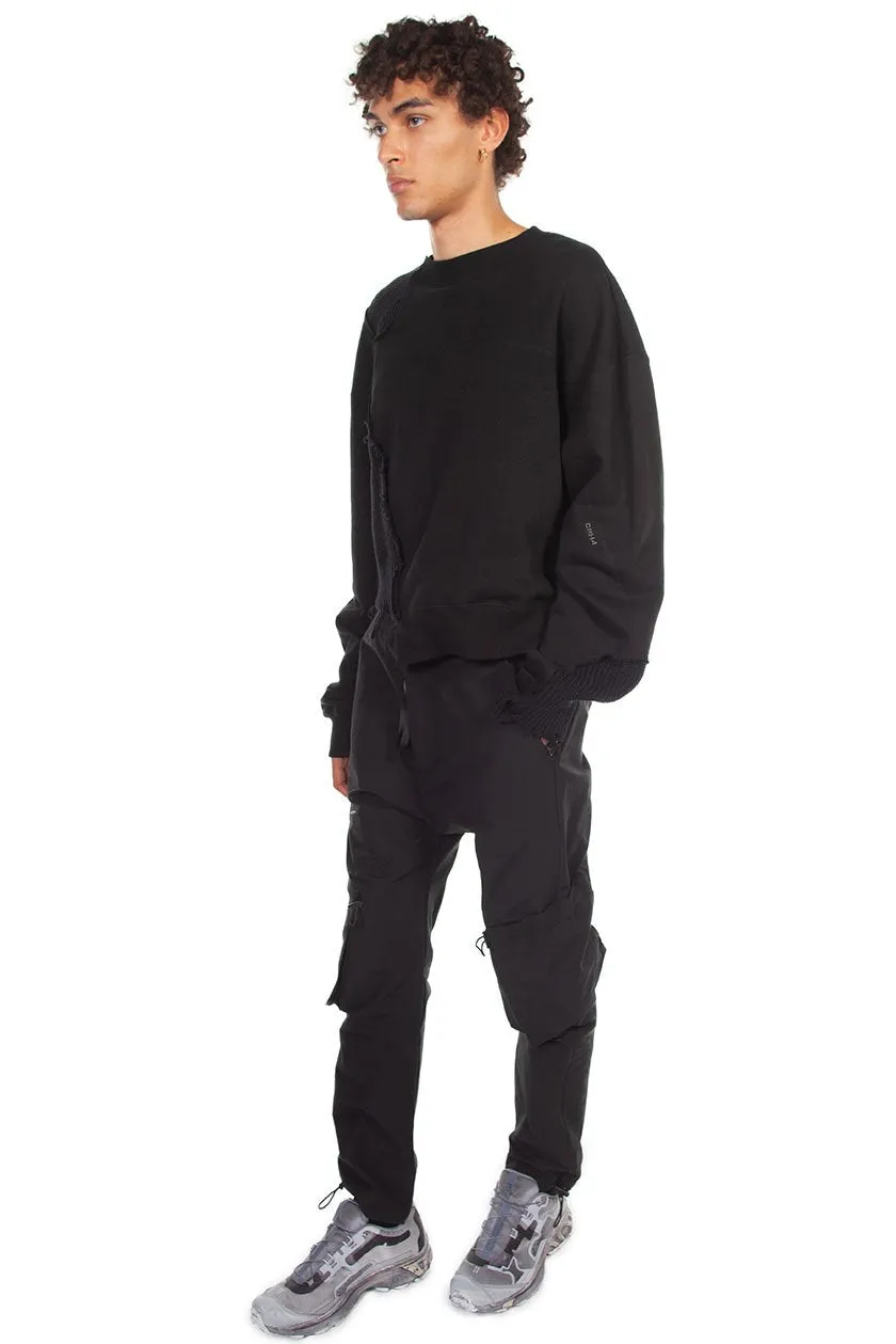 Black Distressed Panelled Crewneck Sweatshirt