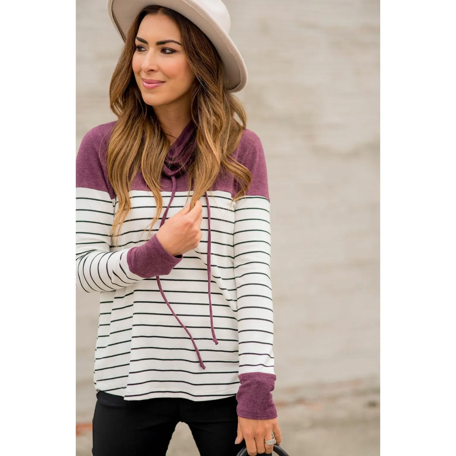 Black Striped Solid Shoulder Cowl Neck