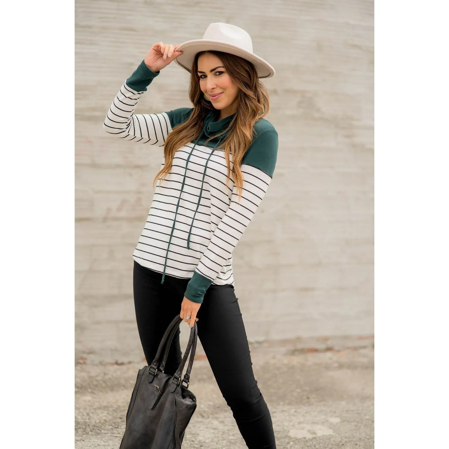 Black Striped Solid Shoulder Cowl Neck