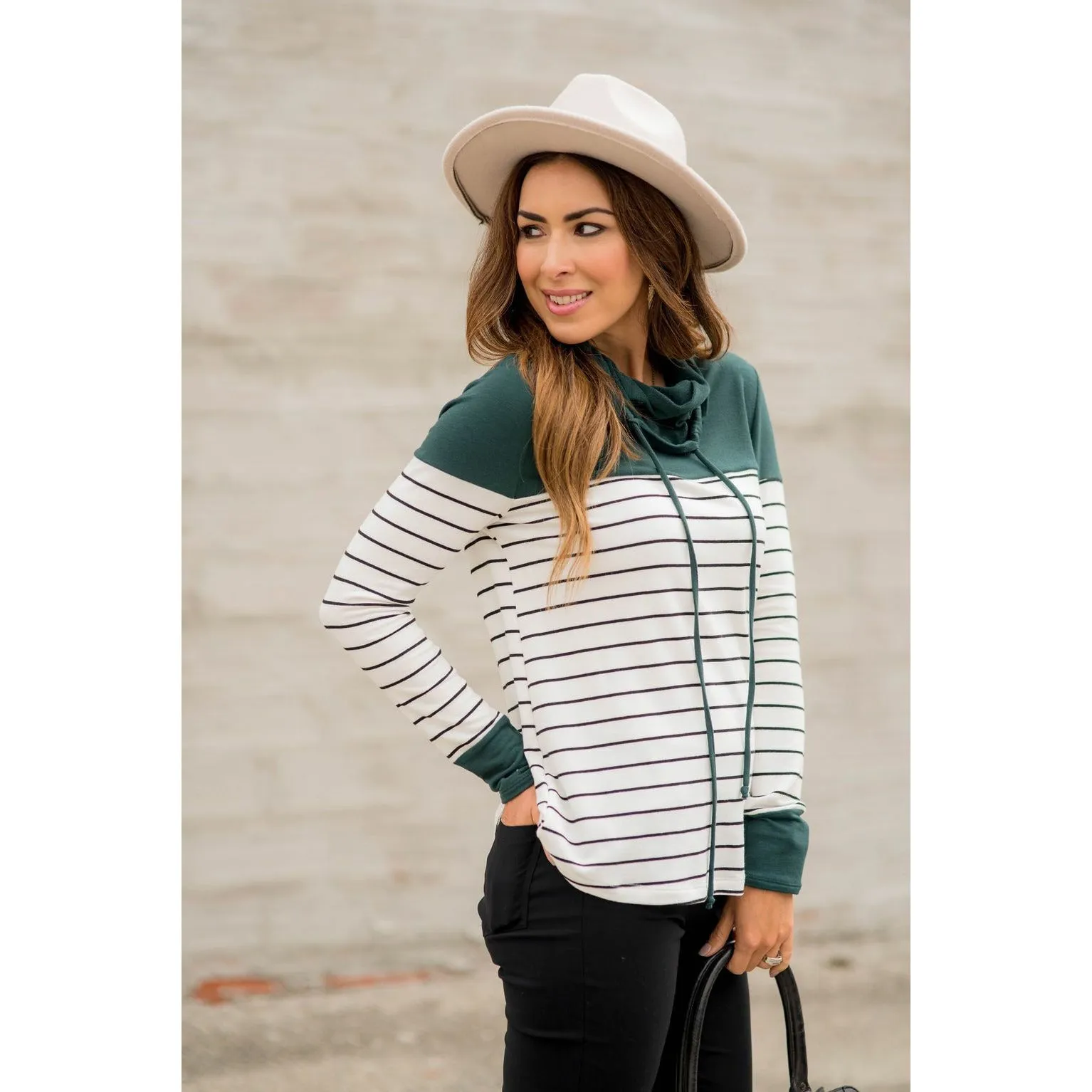 Black Striped Solid Shoulder Cowl Neck