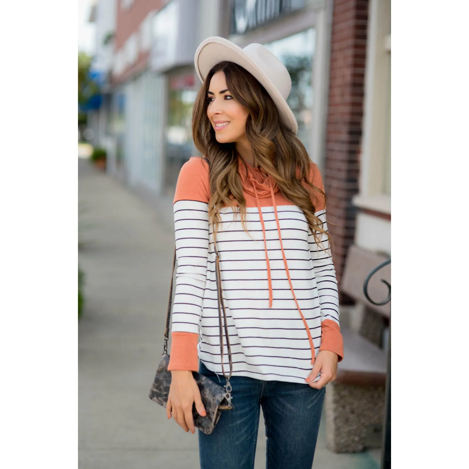 Black Striped Solid Shoulder Cowl Neck