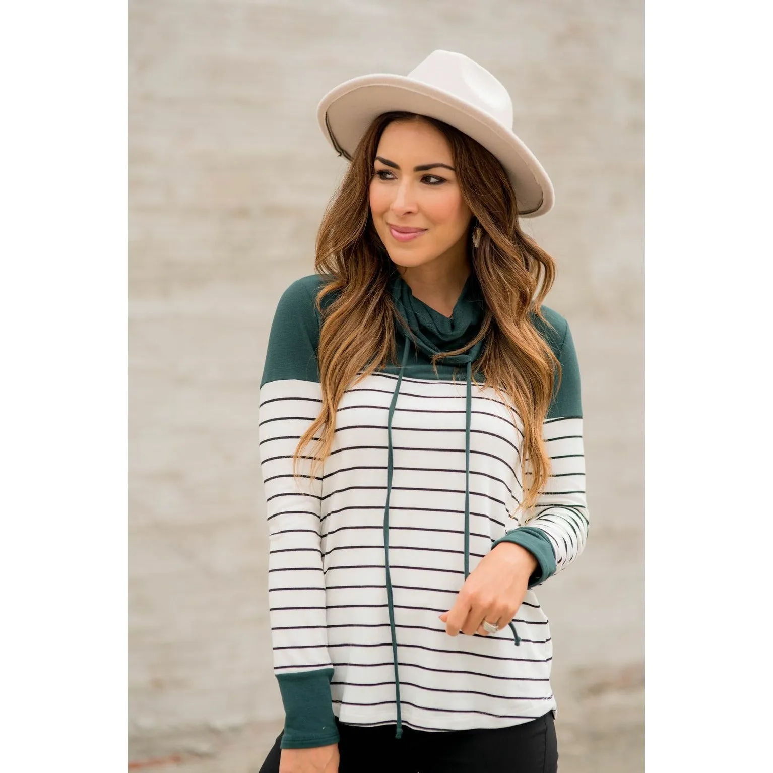 Black Striped Solid Shoulder Cowl Neck