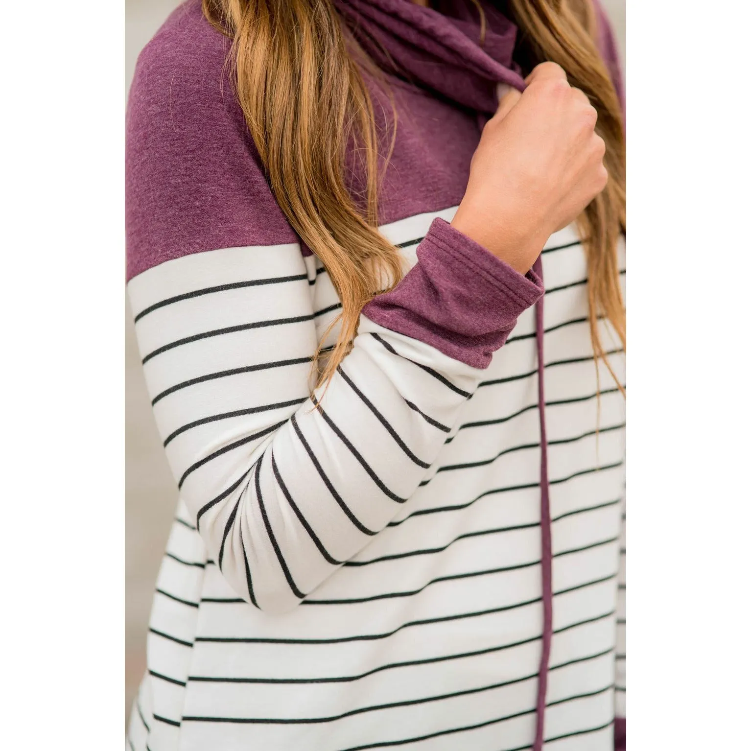 Black Striped Solid Shoulder Cowl Neck