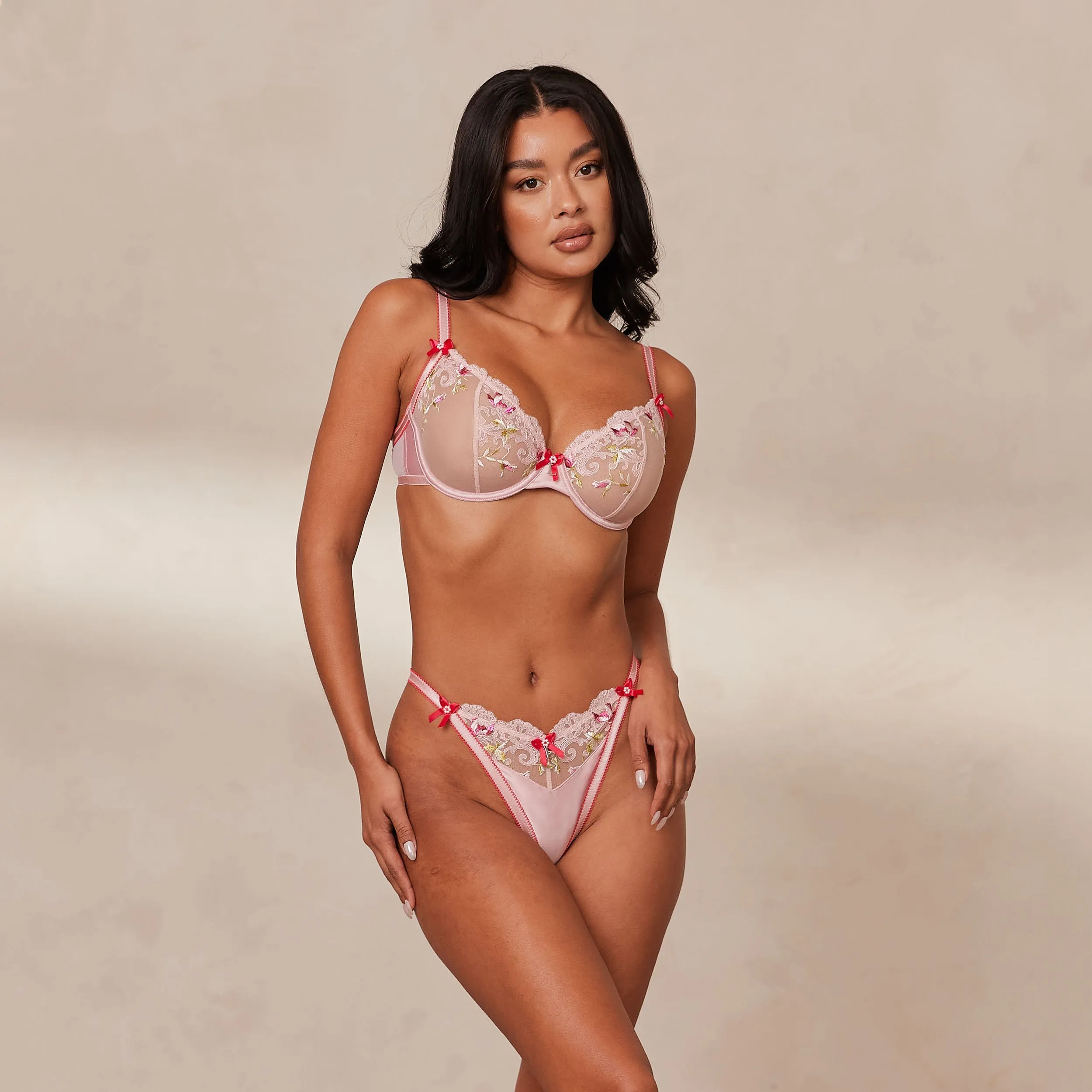 Bloom Embroidered Balcony Bra  - Pink